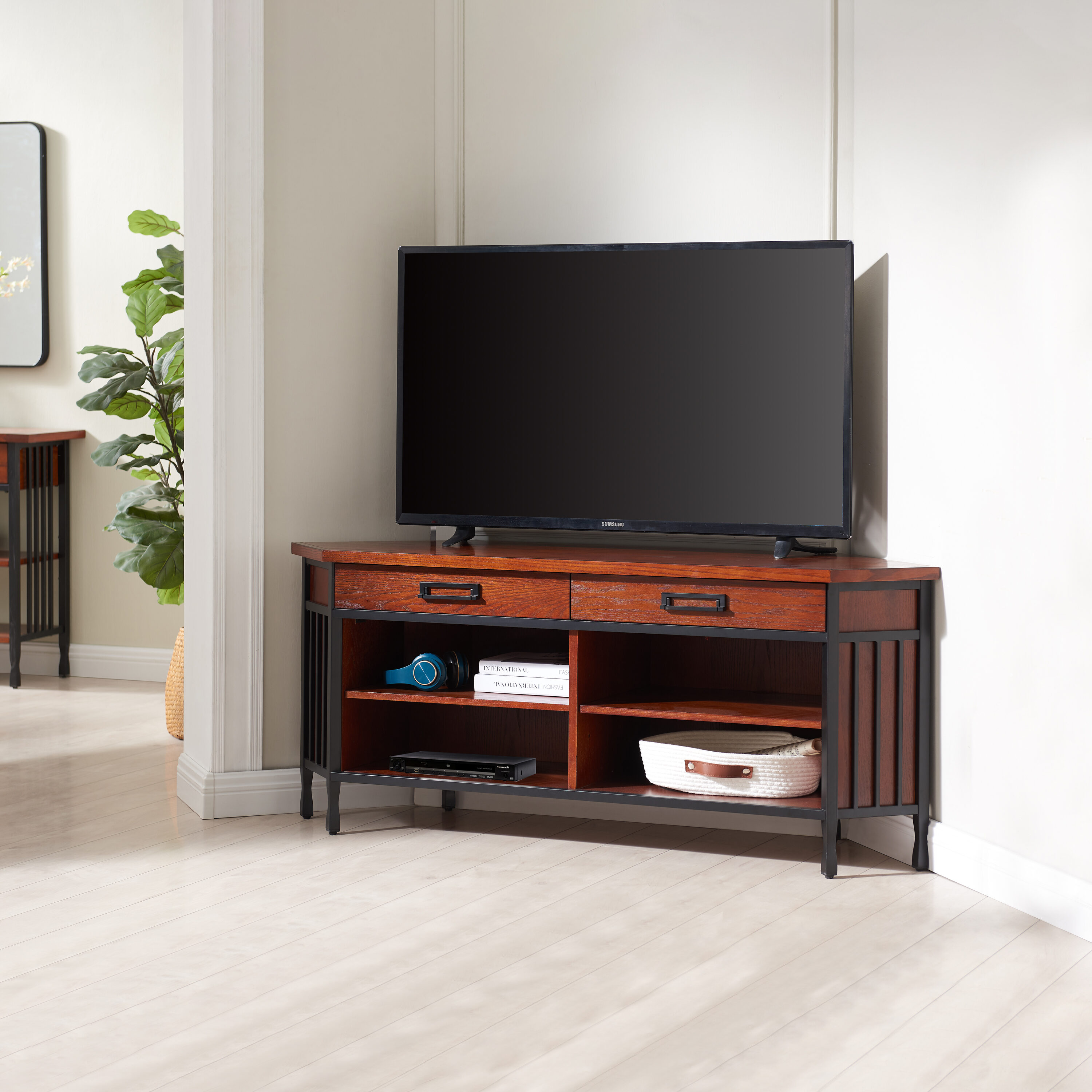 Leick Home 11286 Ironcraft Farmhouse/Rustic Mission Oak Corner TV stand ( Accommodates TVs up to 60-in )