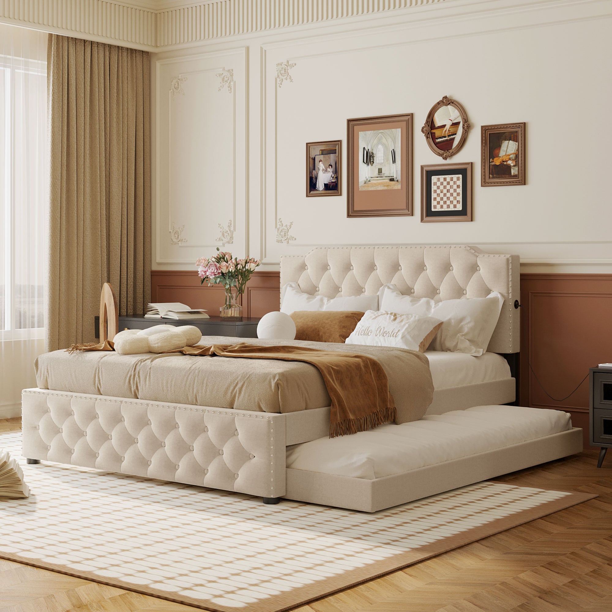 ModernLuxe L3P-SF000042AAA Queen Size Upholstered Platform Bed with Twin Size Trundle and 2 sets of USB Ports on each side Linen Fabric Beige