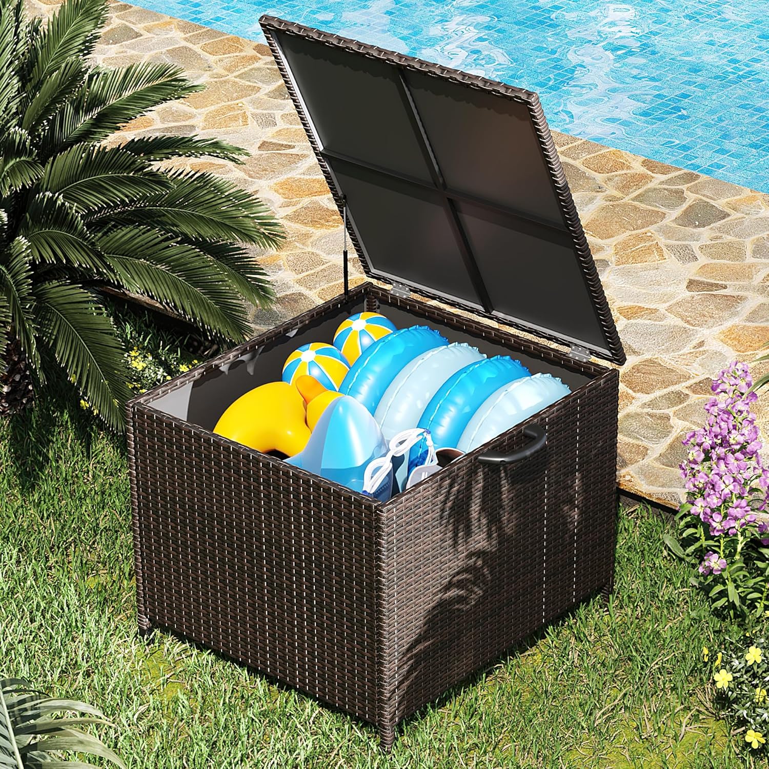 Qeetex LHF-DYQ-PHO-34BY9QYV 80 Gallon Outdoor Storage Box  Patio Rattan Deck Box  PE Wicker Storage Box with 2 Wheels Wicker Storage Bench for Indoor/Pool/Balcony/ Yard/ Garden/ Brown