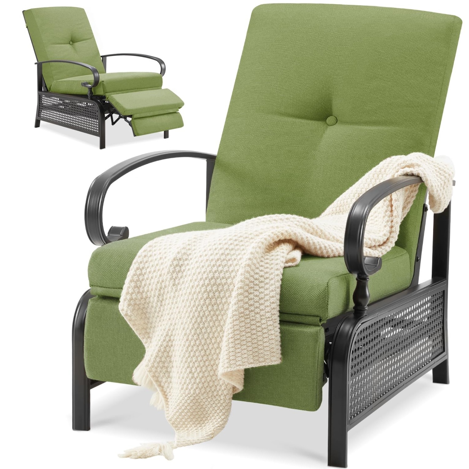 AECOJOY 16225GN-LS01 Patio chair Black Metal Frame Stationary Recliner Chair with Green Cushioned Seat