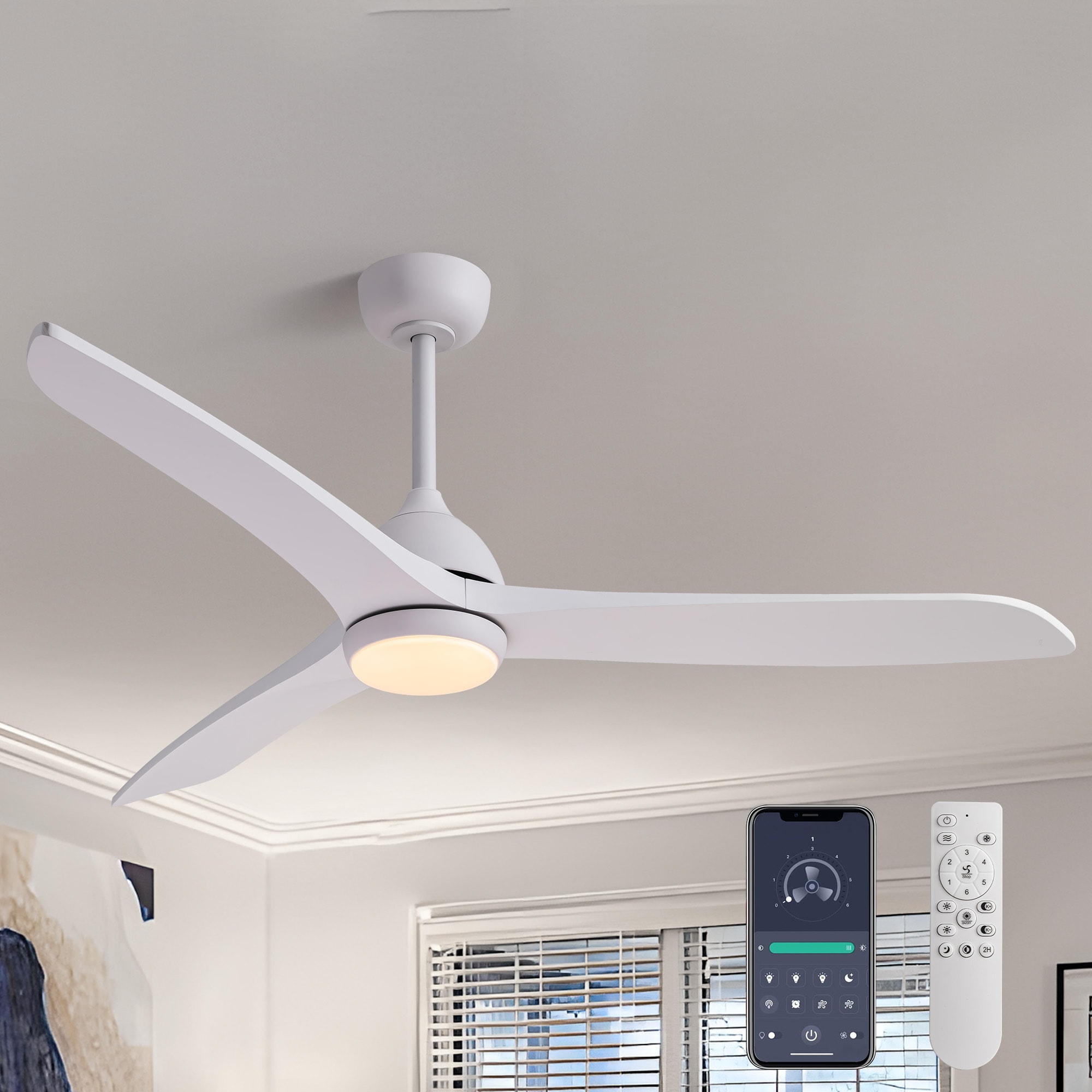 Antoine BLW023 56-in Color-Changing Integrated LED Smart White with White Wood Finish Blades Ceiling Fan With Light - Remote Included ( 3 -Blade )