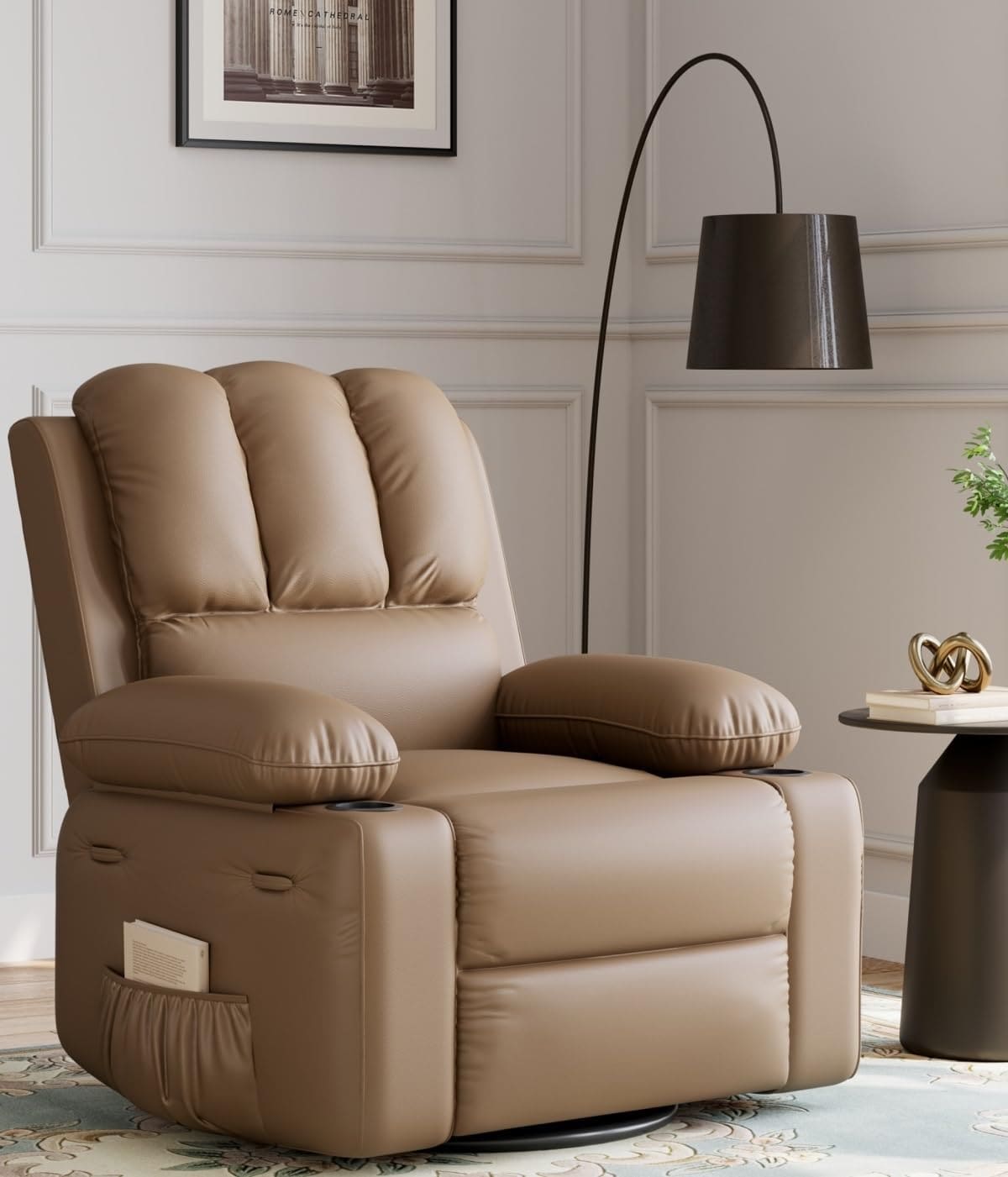 Qeetex LHF-SF-PHO-338474UQ Oversized Recliner Chairs with Heat and Massage - 360 Swivel Lazy Recliner Chair for Adults - Manual Rocking Chair with Cup Holder for Living Rooms/Bedrooms and Nurseries - Tan