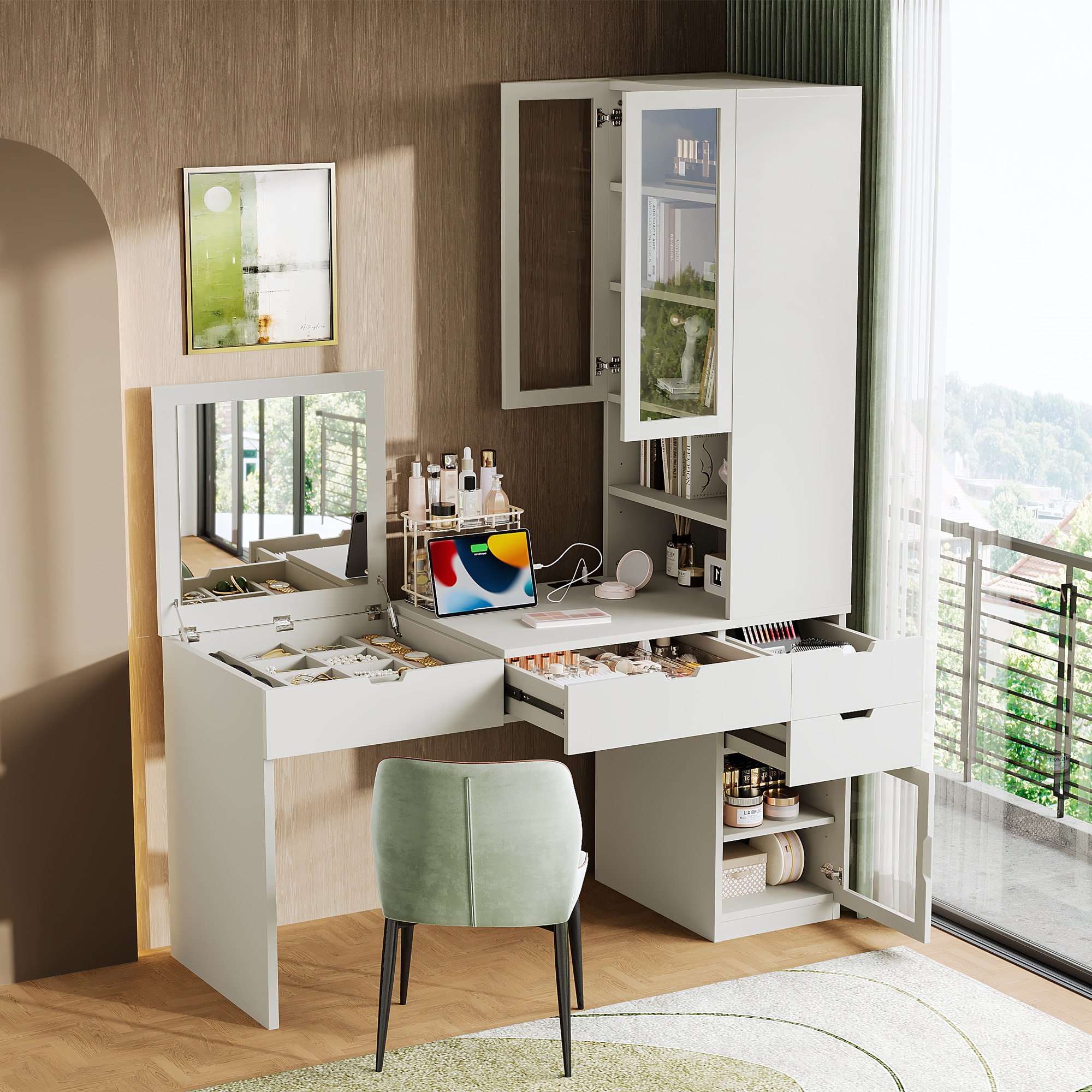 LOVMOR SF-WO-N733S291664K Versatile Makeup Vanity Desk with Mirror and Charging Station Dressing Table with 8 Hidden Storage Compartments Computer Desk with 3 Drawers 2 Cabinets and Open Shelves Home Office Desk White