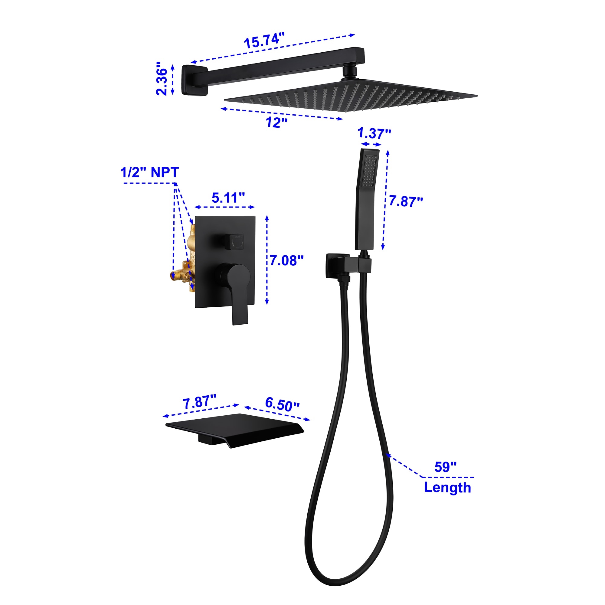WELLFOR SPA-88018B-12 Showerhead-Bar-Panels - View #2