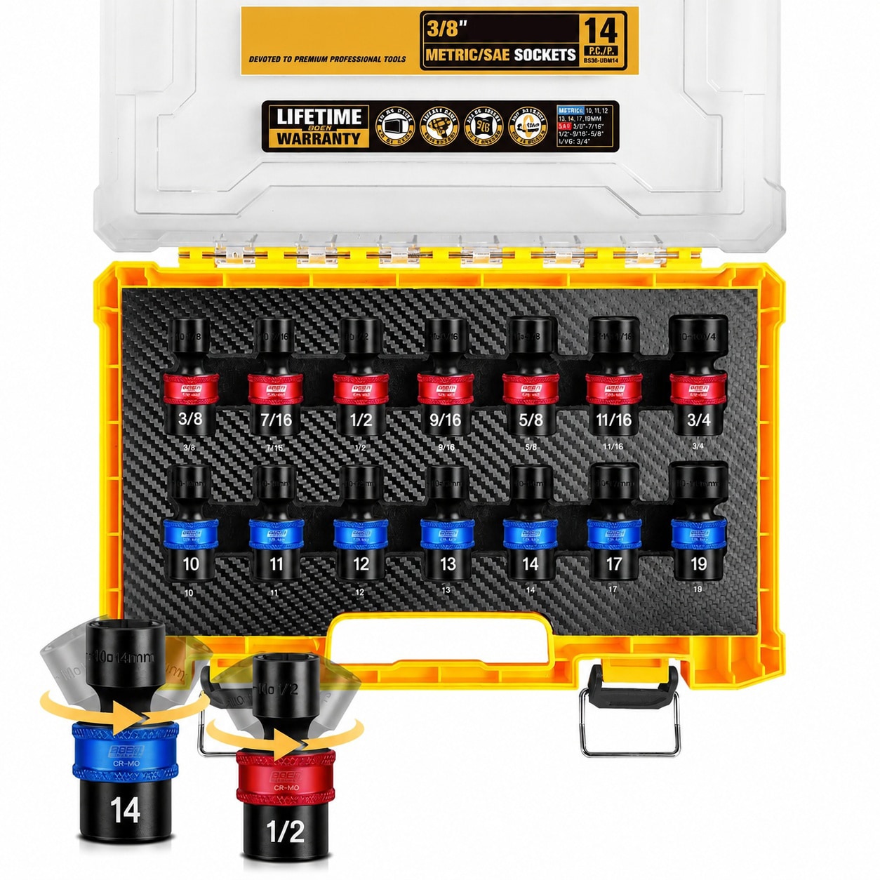 Misopily  14 Piece 3 8 Inch Drive Impact Swivel Socket Set Metric 10 to 19mm SAE 3 8 to 3 4 Universal Joint 6 Point Cr Mo Steel High Contrast