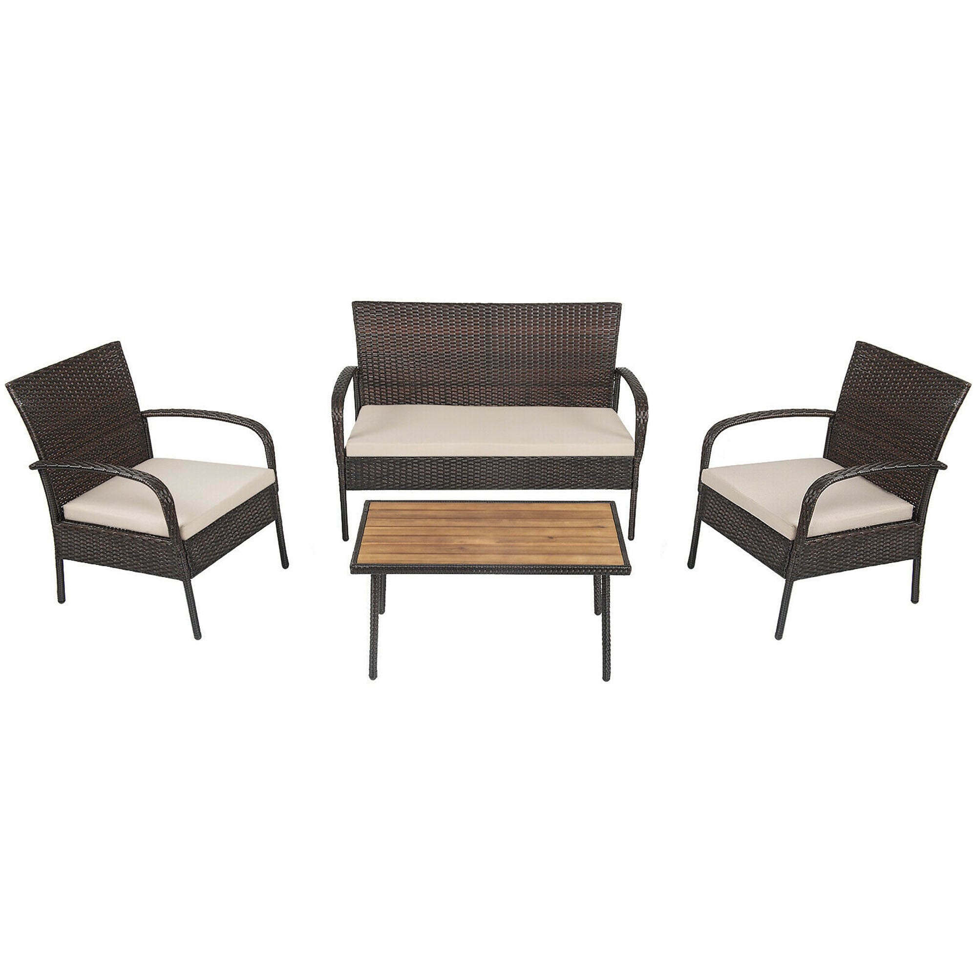 CASAINC GL-545.0161.002.001 4 Pieces Patio Cushioned Wicker Conversation Set with Acacia Wood Tabletop 4 -Piece Rattan Patio Conversation Set with Tan Cushions