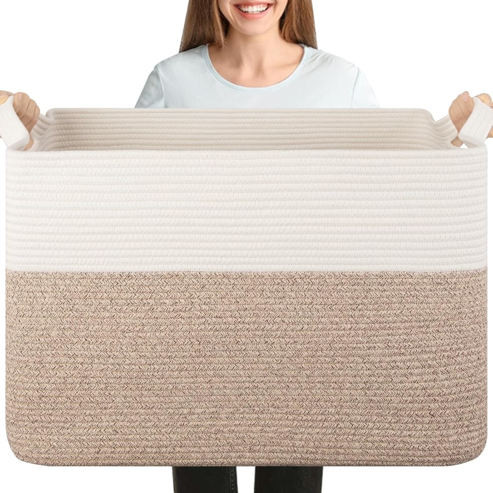 Baginizer  XXXL Large Cotton Rope Storage Basket 108L 25x16x16 Inch for Blankets Clothes Towels Pillows Living Room Woven Toy Storage Kids Brown White