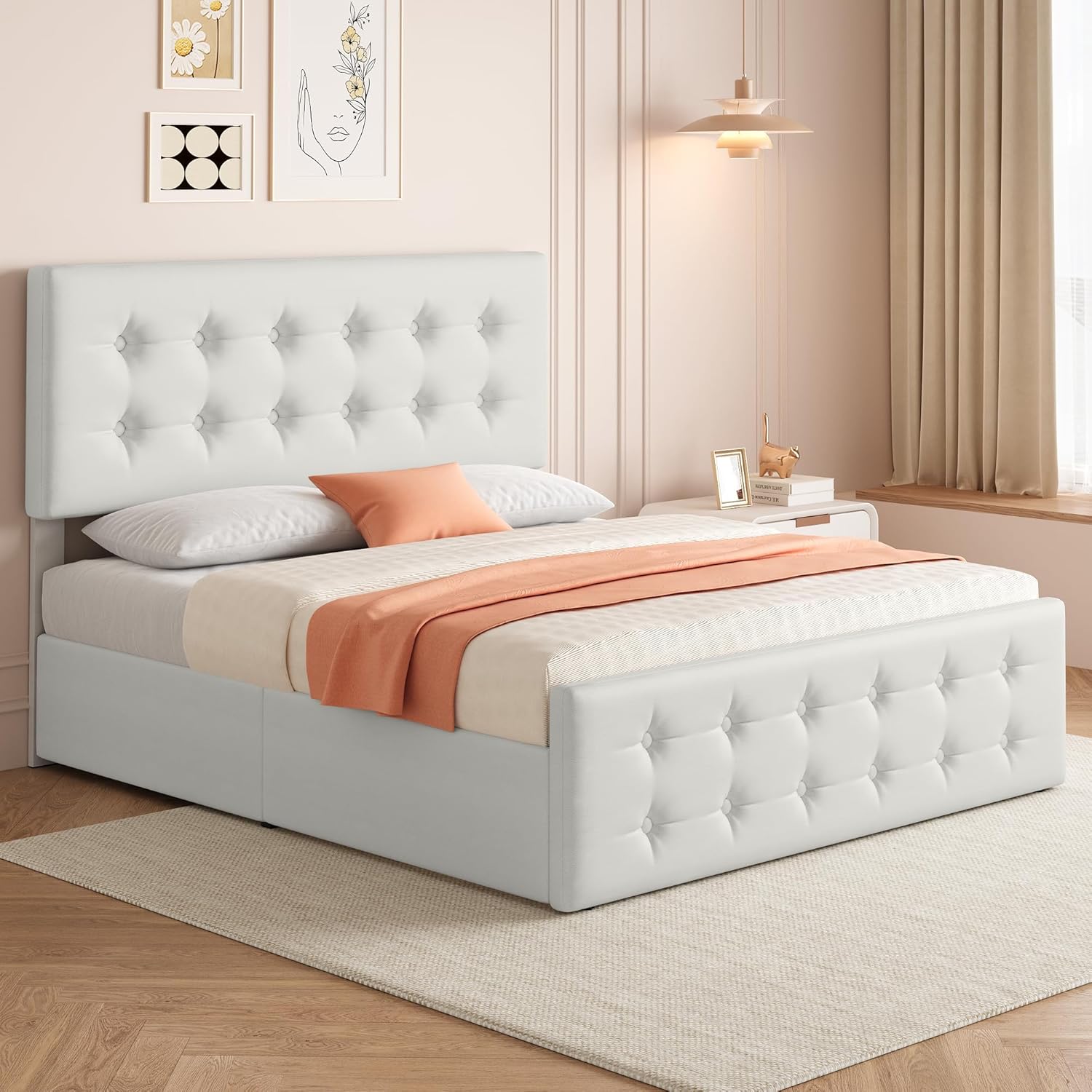 Qeetex LHF-BED-PHO-121UL7T0 King Size Bed Frame with 4 Storage Drawers and Headboard Faux Leather Upholstered Platform Bed Frame with Wooden Slats Support Button Tufted Design No Box Spring Needed Beige