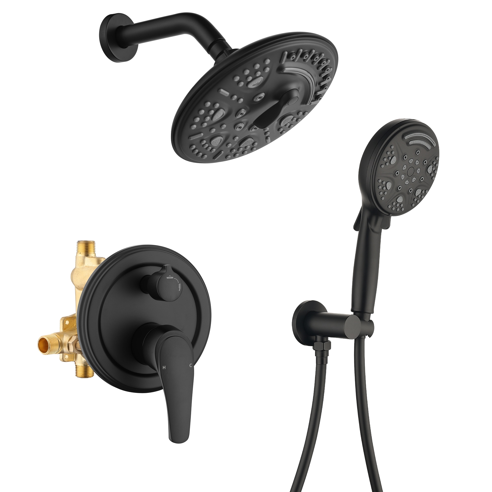 WELLFOR FH75010-C SP Matte Black 8-in Waterfall Built-In Shower Faucet System with 2-way Diverter ( Pressure-balanced Valve Included )