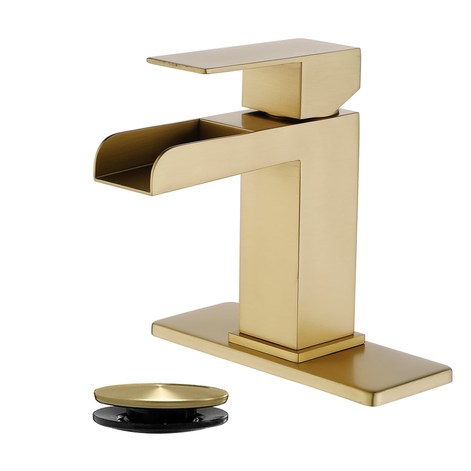 WELLFOR WAX0019 Brushed Gold Single hole 1-handle Waterfall Commercial/Residential Handle Bathroom Sink Faucet with Drain with Deck Plate