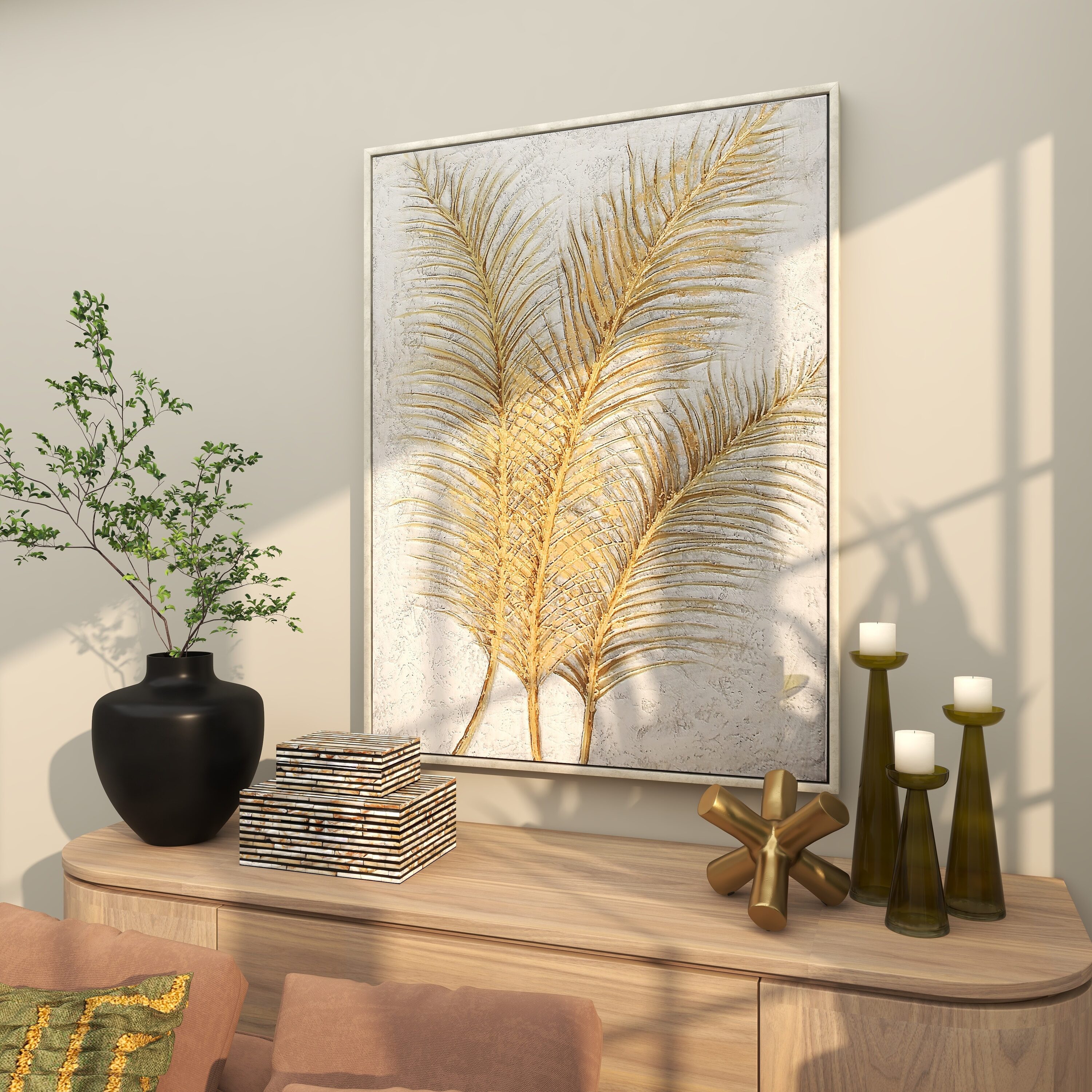 Large Gold and White Botanical Canvas Framed Wall Art