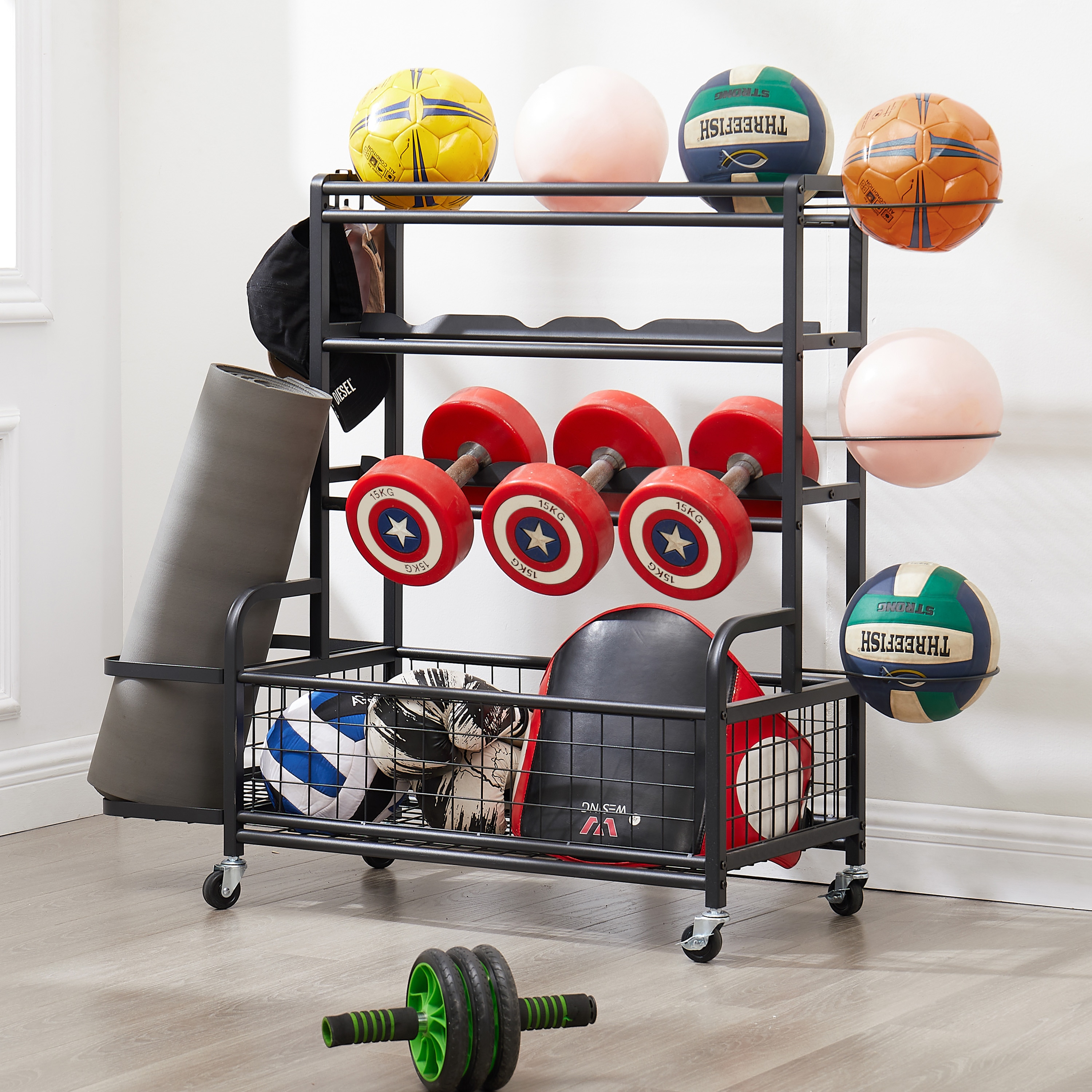 Black 4-Tier Metal Storage Organizer with Rolling Wheels
