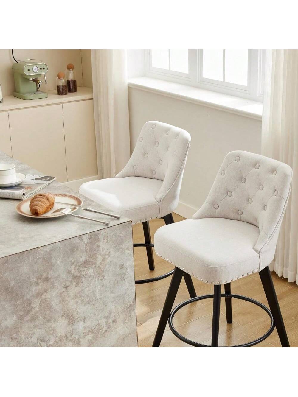 Qeetex PHO-16LEBWY8-HF4 Bar Stools Set Of 2. Modern Swivel Counter Height Bar Stools With Back And Wood Legs. Unholstered Barstools For Kitchen Island. 26Inch H Seat
