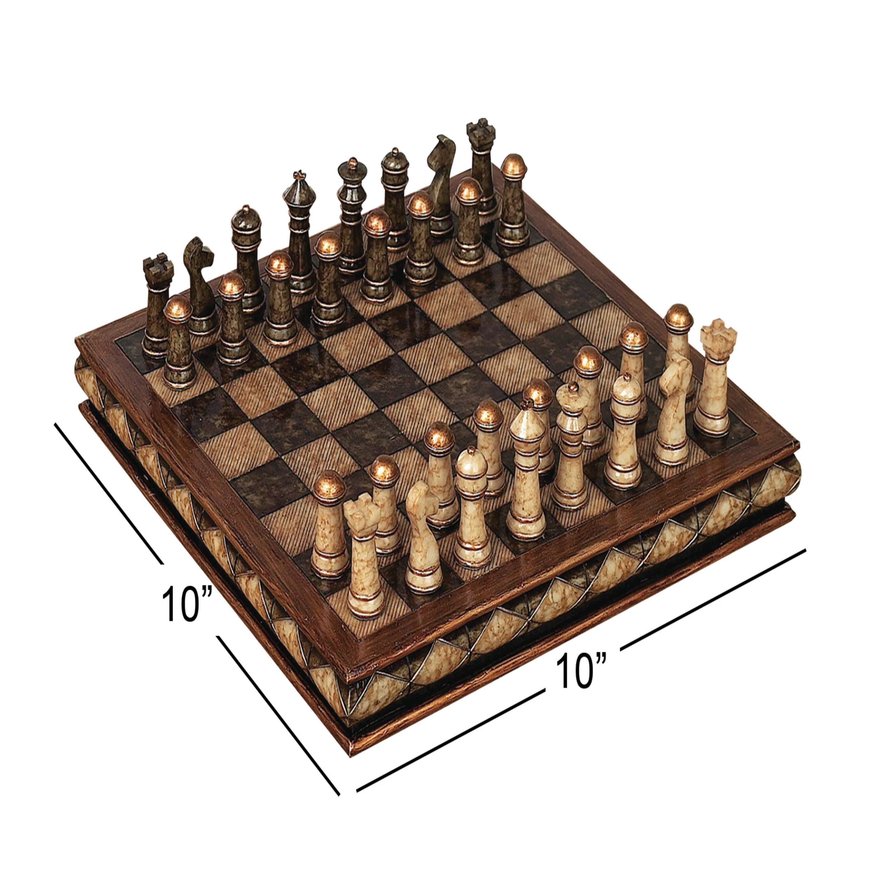 Brown Polystone and Brass Chess Set with Mahogany Finish