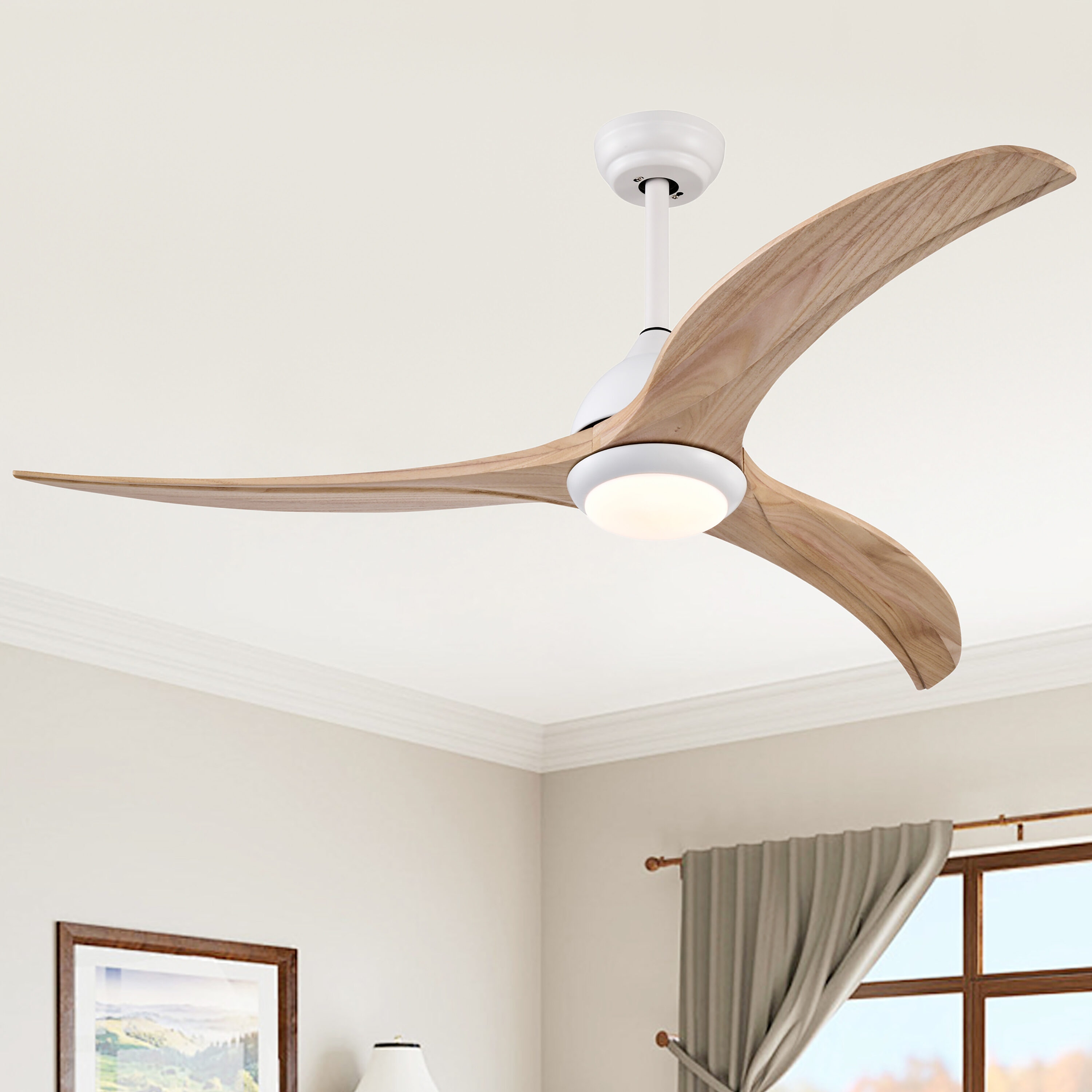 Cusp Barn Jogune 52-in White with Light Brown Blades Adjustable White LED Chandelier Ceiling Fan With Light and Remote Control Included 3 -Blade