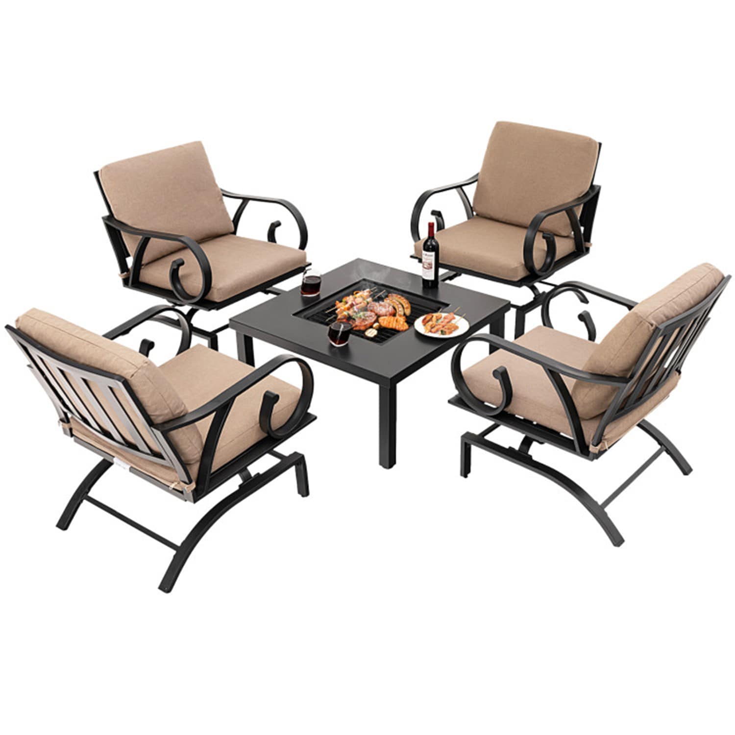 Mondawe MD-450-300 5 Pieces Patio Rocking Chairs and 4-in-1 Fire Pit Table 5 -Piece Balck Patio Dining Set Steel Square Table with 4 Brown Cushions Rocker Chairs Fire Pit Included