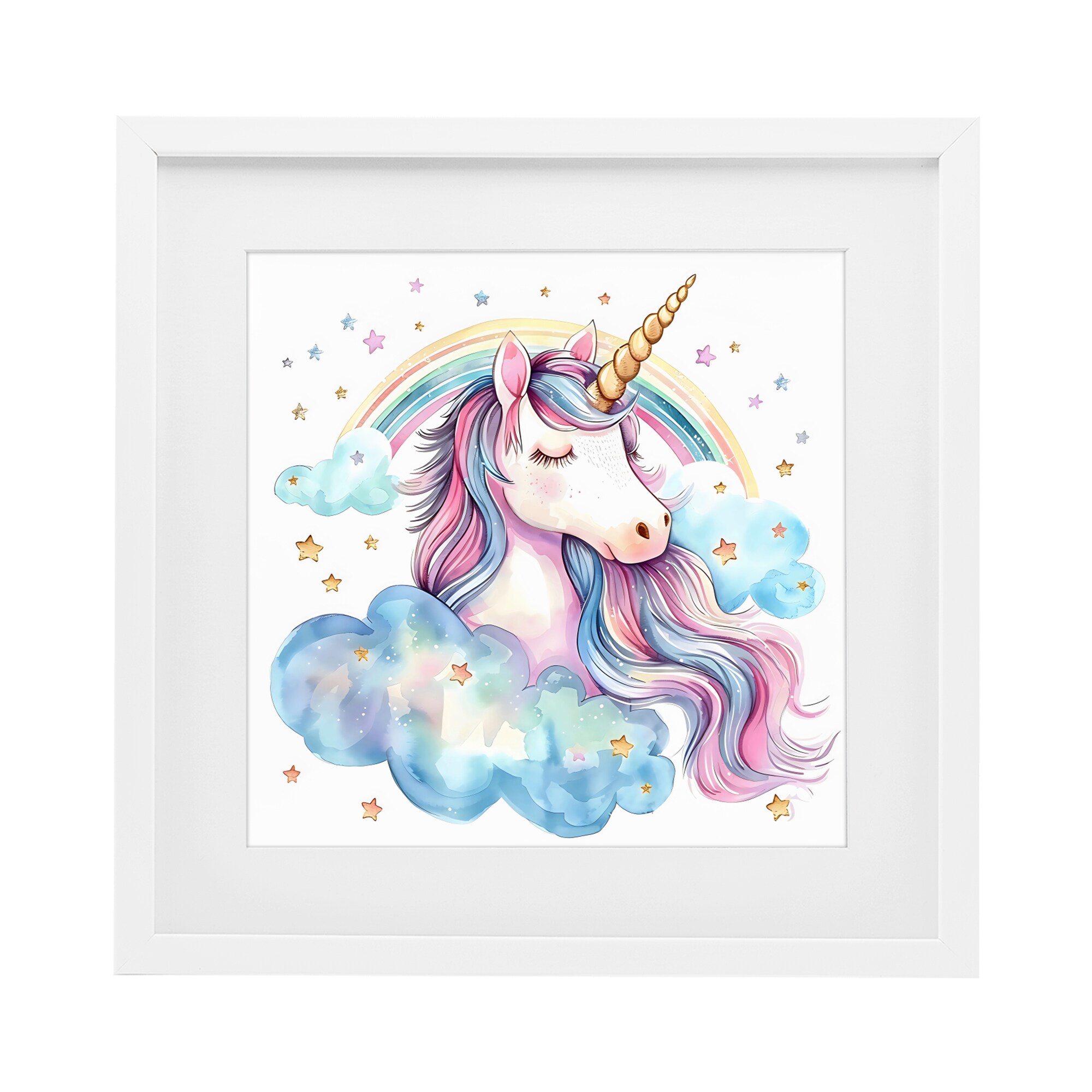 Stupell Industries Cute Happy Unicorn Rainbow White Framed Print Under Glass 16 x 16