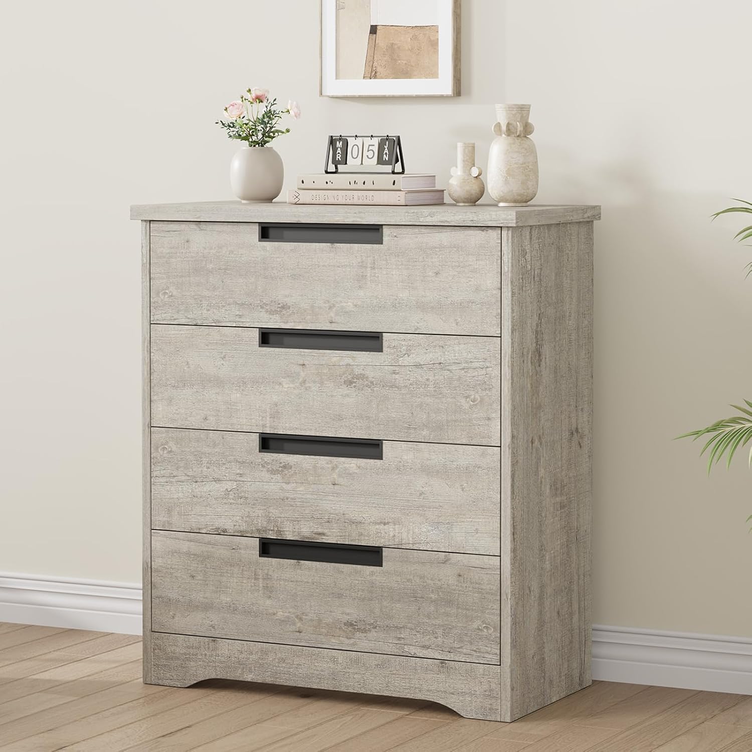 Qeetex LHF-DG-WPO9008 4 Drawer Dresser for Bedroom - Gray Chest of Drawers with Embedded Handles Design - Wooden Dresser Organizer for Living Room/Nursery/Hallway and Entryway