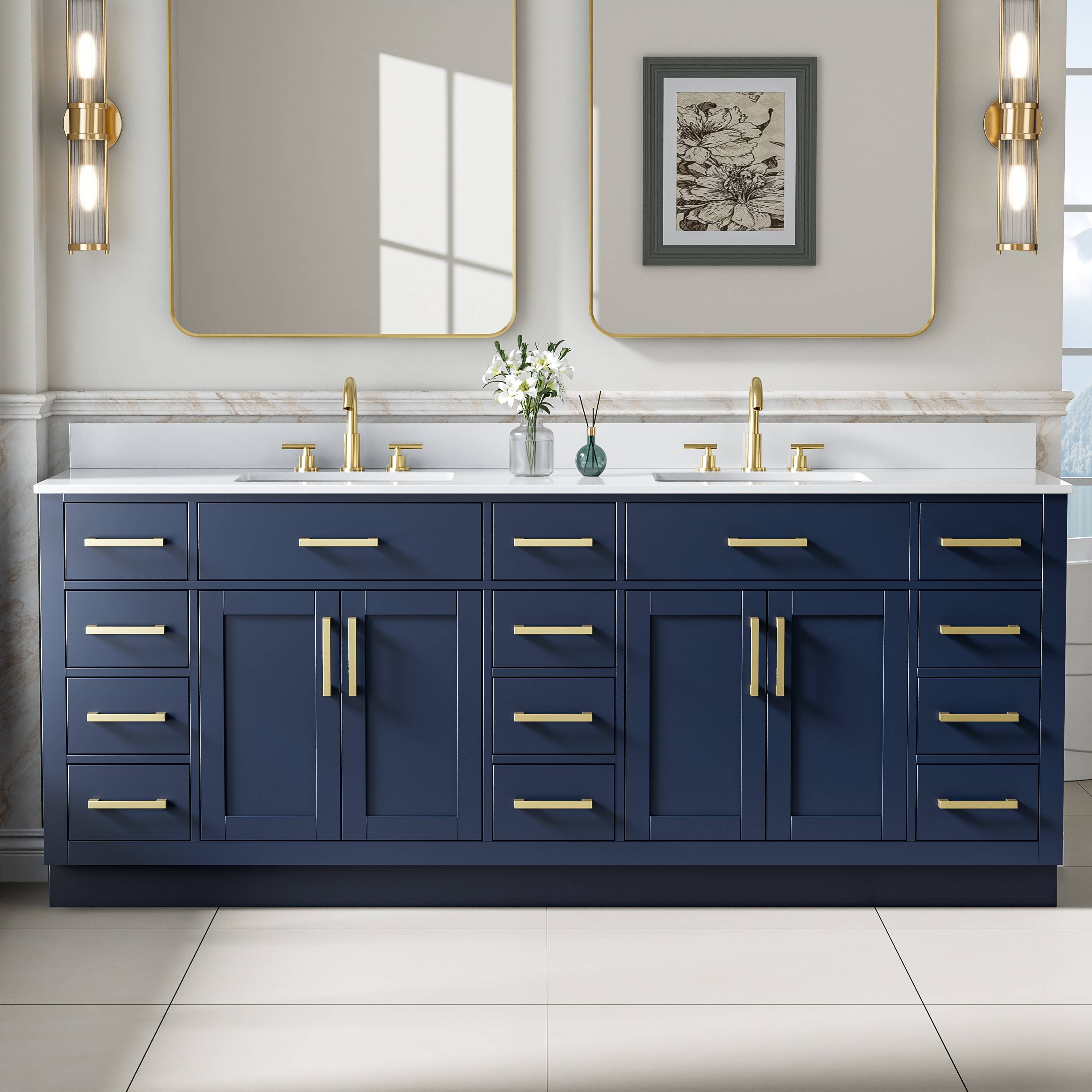 ANGELES HOME -  Solid Wood 84-in Navy Blue Undermount Double Sink Bathroom Vanity With White Cult...