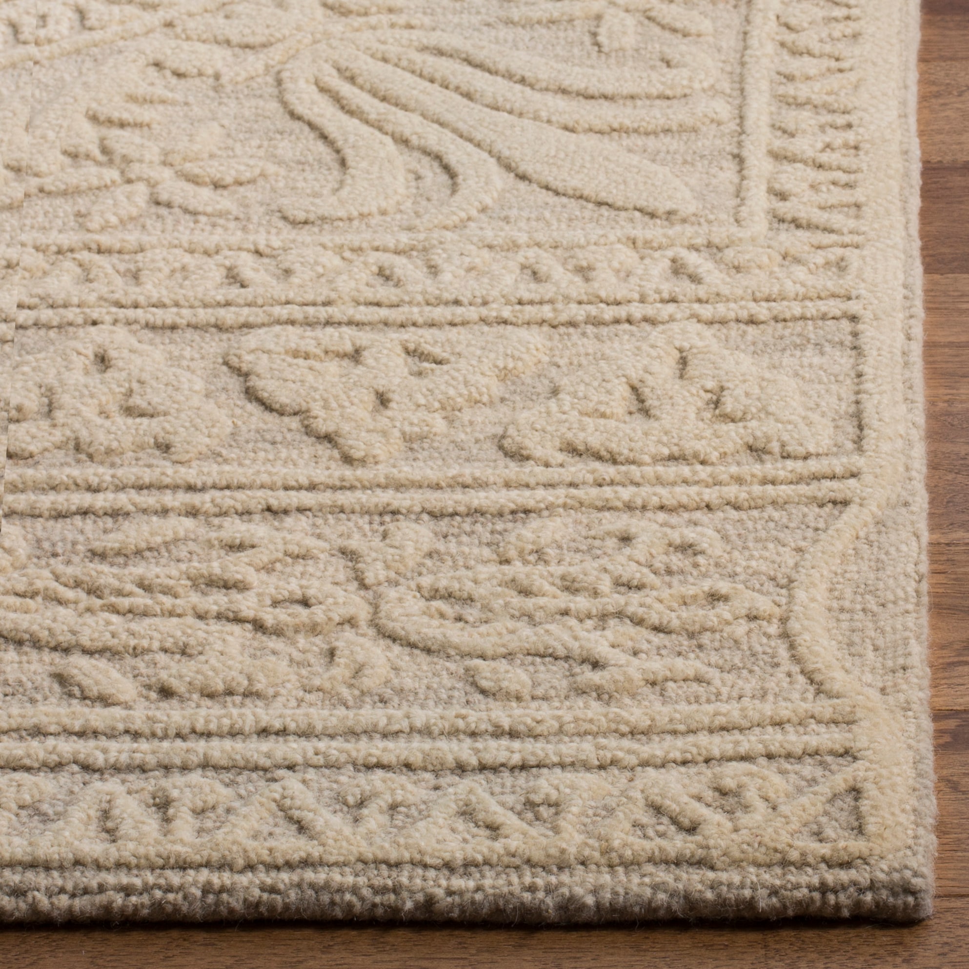 Light Gray and Ivory Wool Floral Rectangular Rug