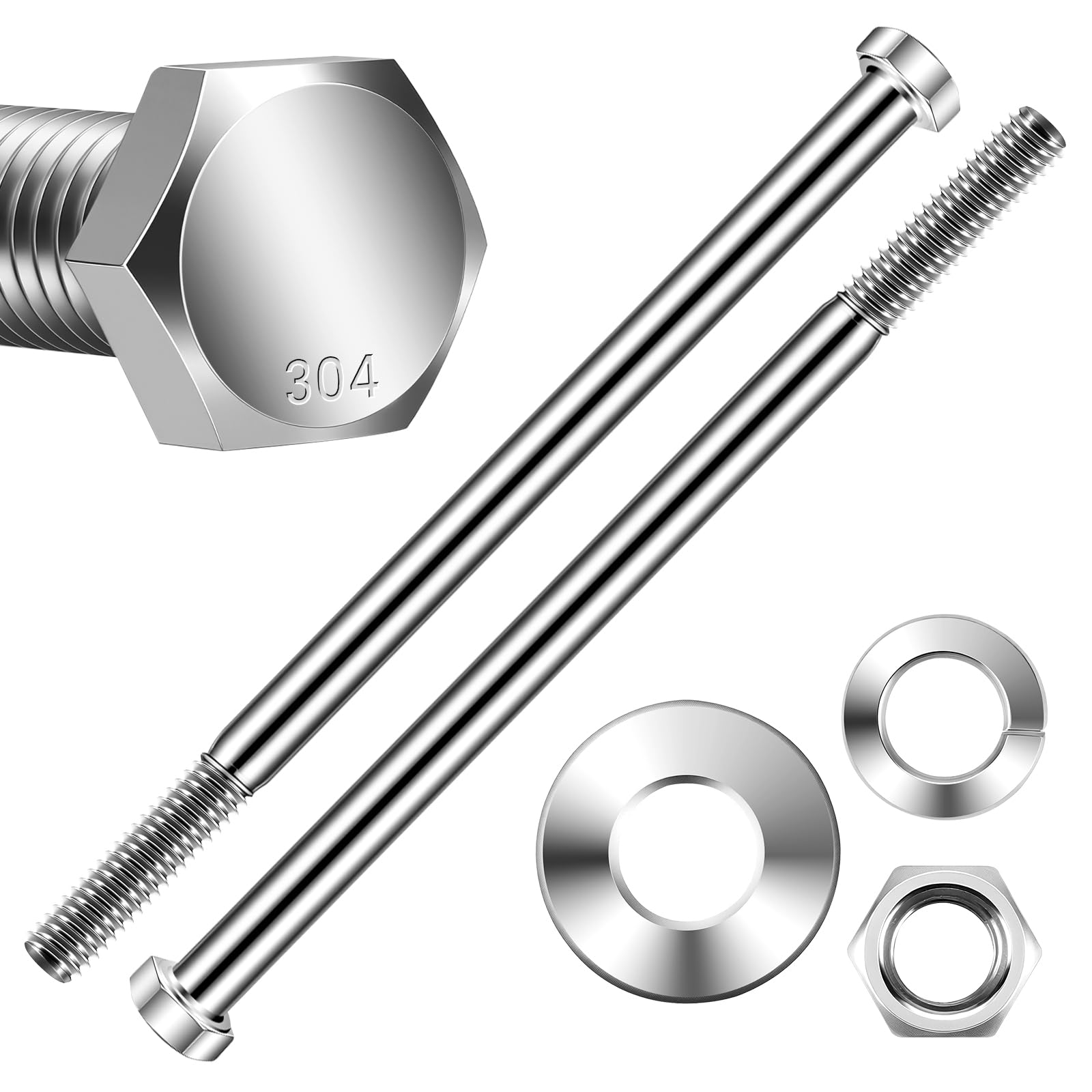 Ahfiwaso  3/8-16 by 6-1/2 Hex Head Bolts with Hex Nuts Thick Flat and Lock Washers Stainless Steel 18-8 Plain Finish 4 Sets