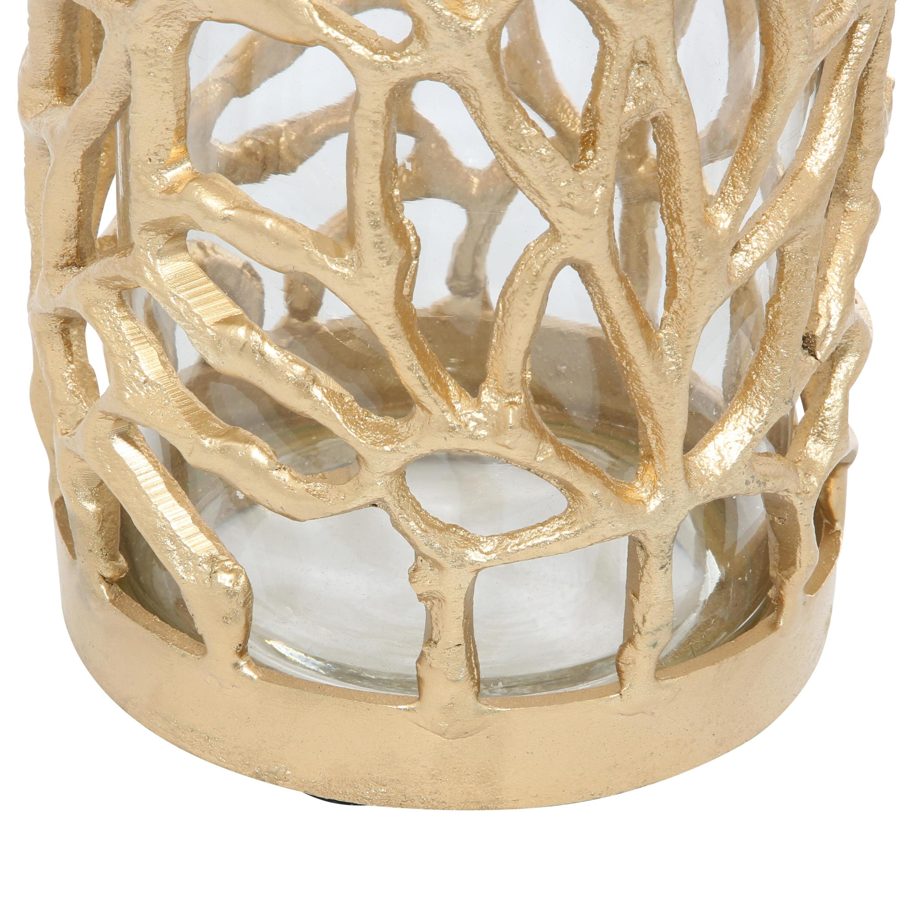 Gold Aluminum Coral Pattern Hurricane Candle Lantern