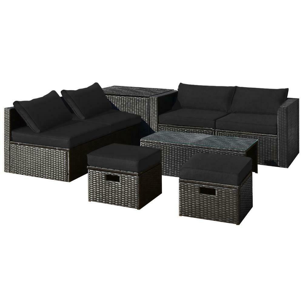 Slickblue D-CO-+KD50686WH 8-Piece Black Patio Rattan Conversation Set with 1 Tempered Glass Coffee Table 1 Storage Box 2 Ottomans 2 Armless Sofas And 2 Corner Sofas Cushions Included for Deck or Backyard