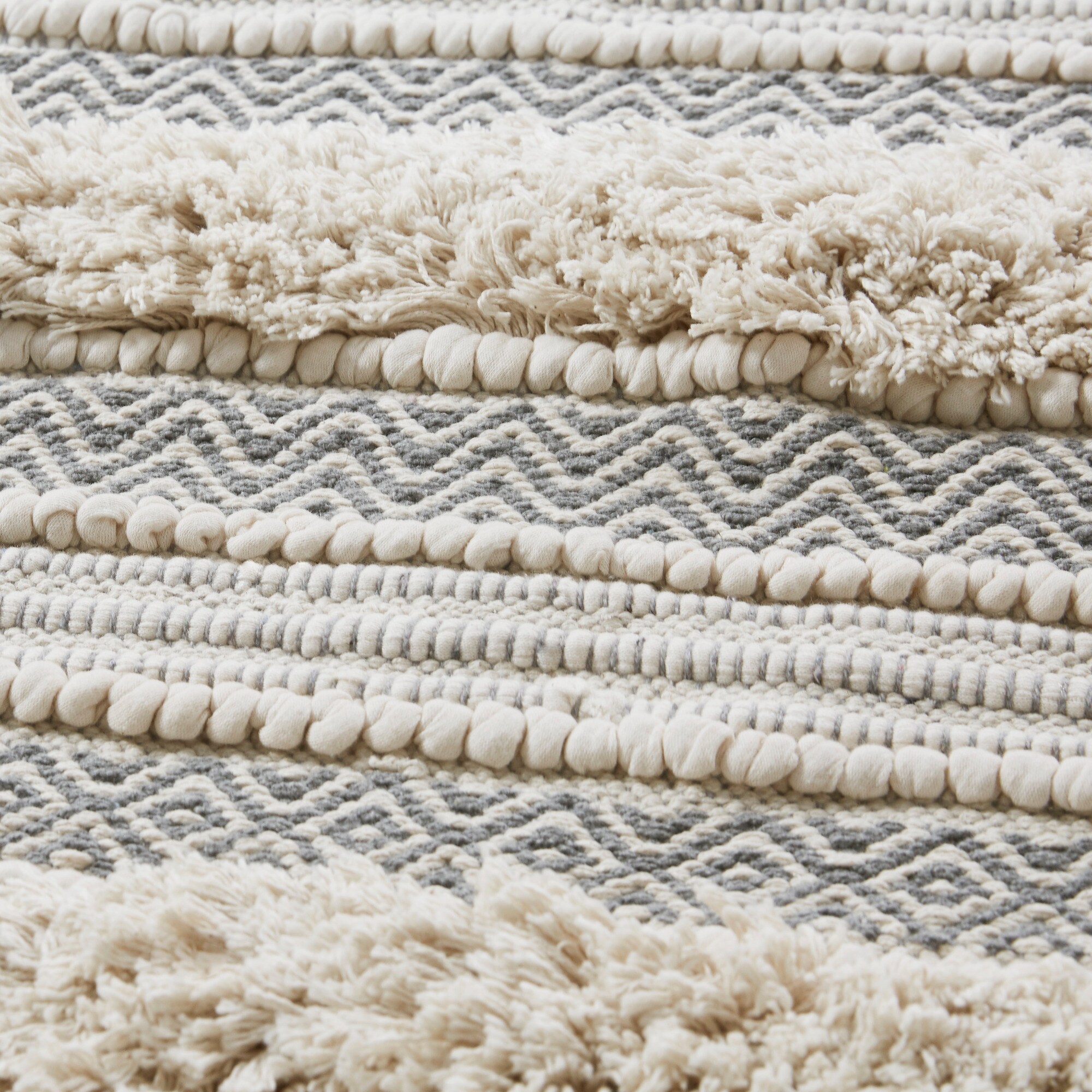 Nordic Shaggy Grey and Beige Patterned Bathroom Rug
