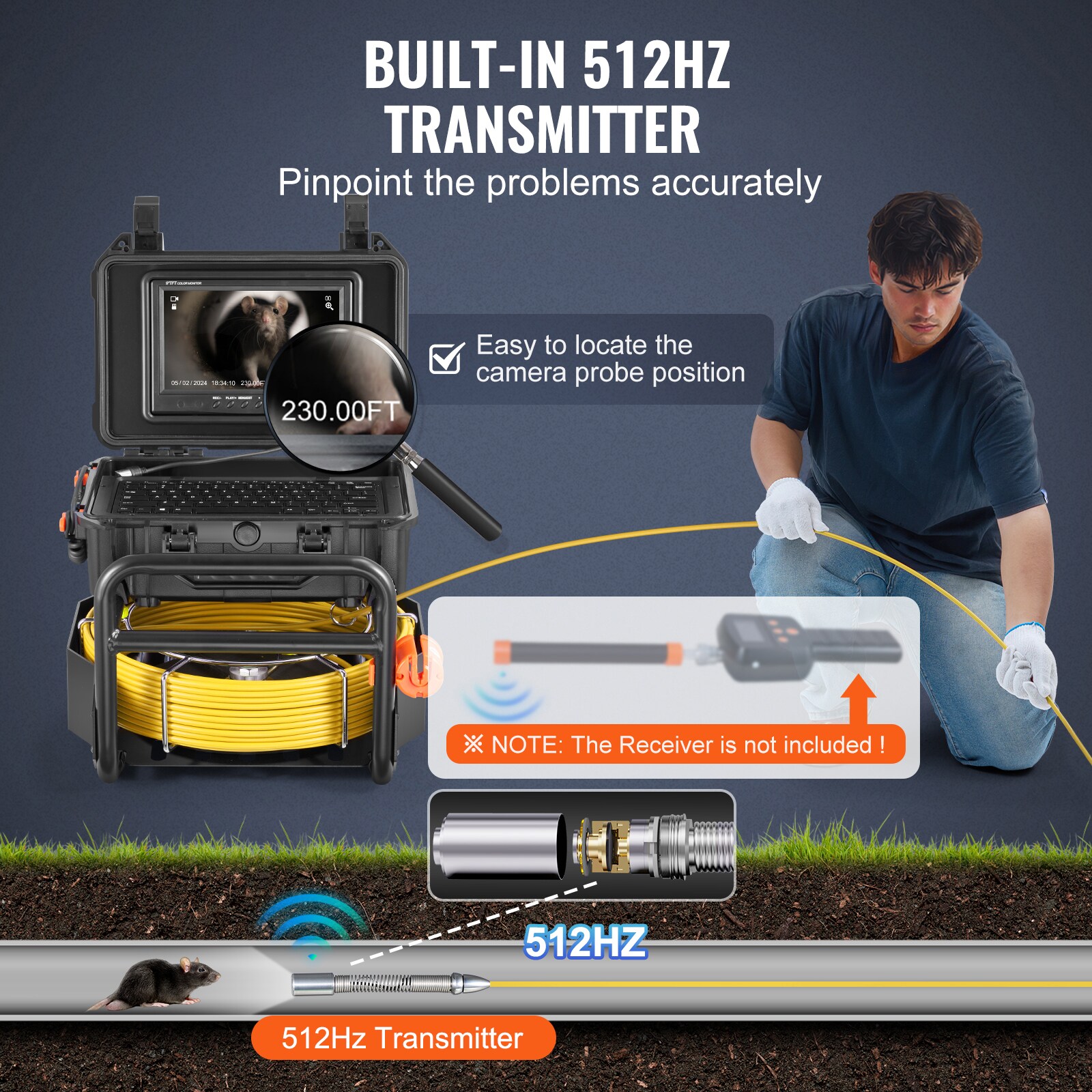 VELMONT INC Sewer Camera 230 Foot Self-Leveling Drain Camera with 512Hz ...
