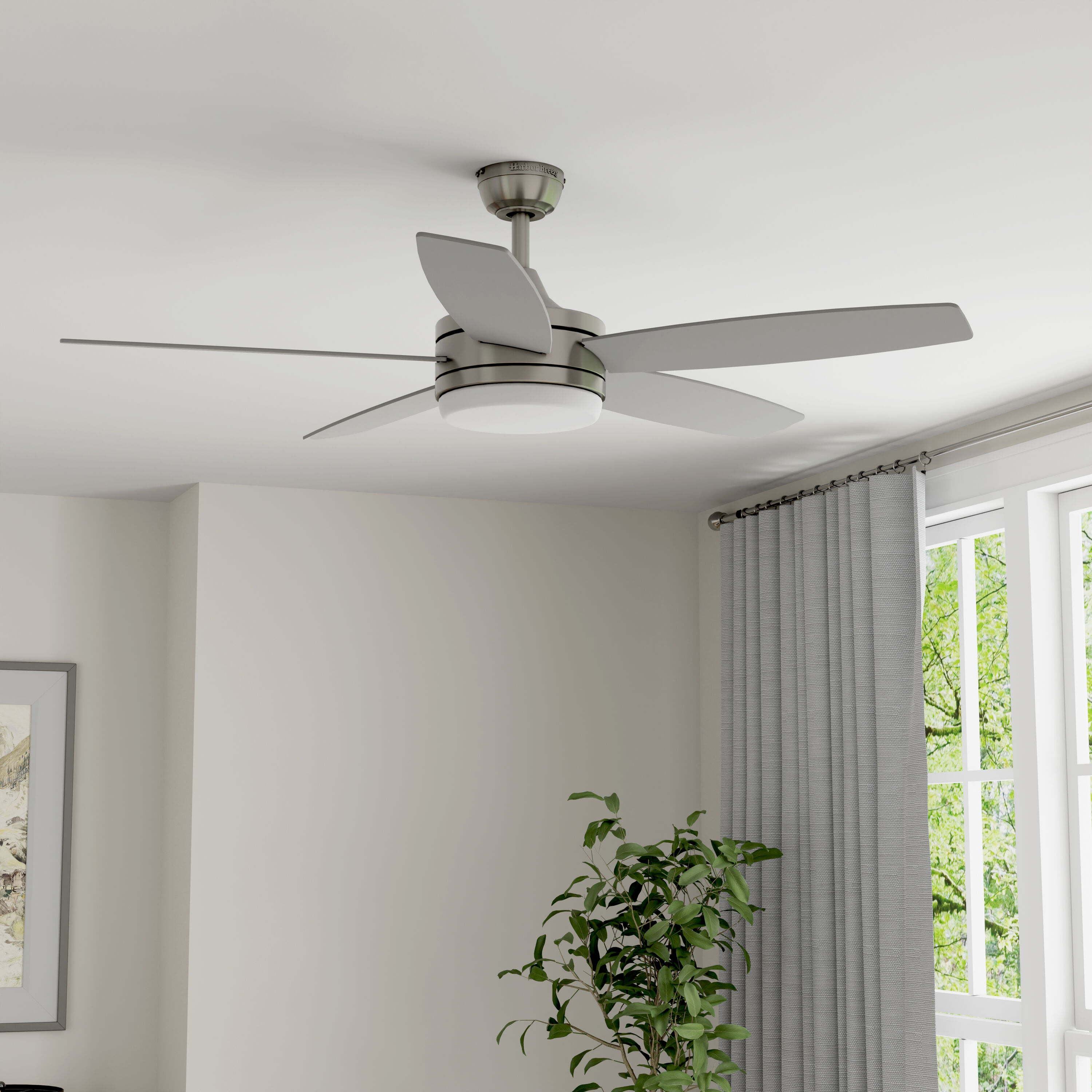 Harbor Breeze BLL52BNK5LR Bella 52-in Color-Changing Integrated LED Downrod or Flush Mount Brushed Nickel with Silver/Walnut Blades Ceiling Fan With Light - Remote Included ( 5 -Blade )