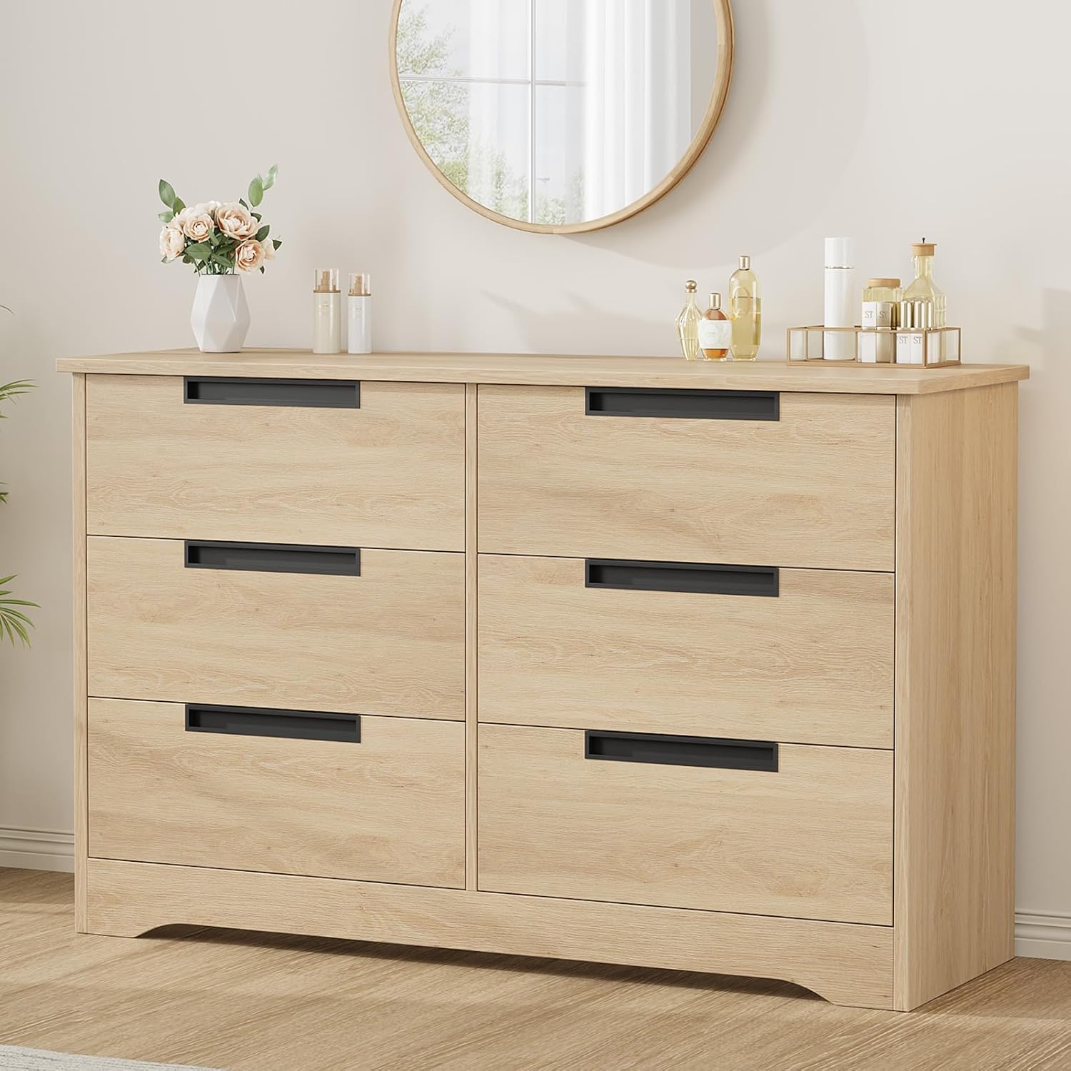 Qeetex LSDIBPHK338VHRVJ Natural Six Drawer Modern Dresser With Embedded Handles For Bedroom Living Room And Nursery Storage
