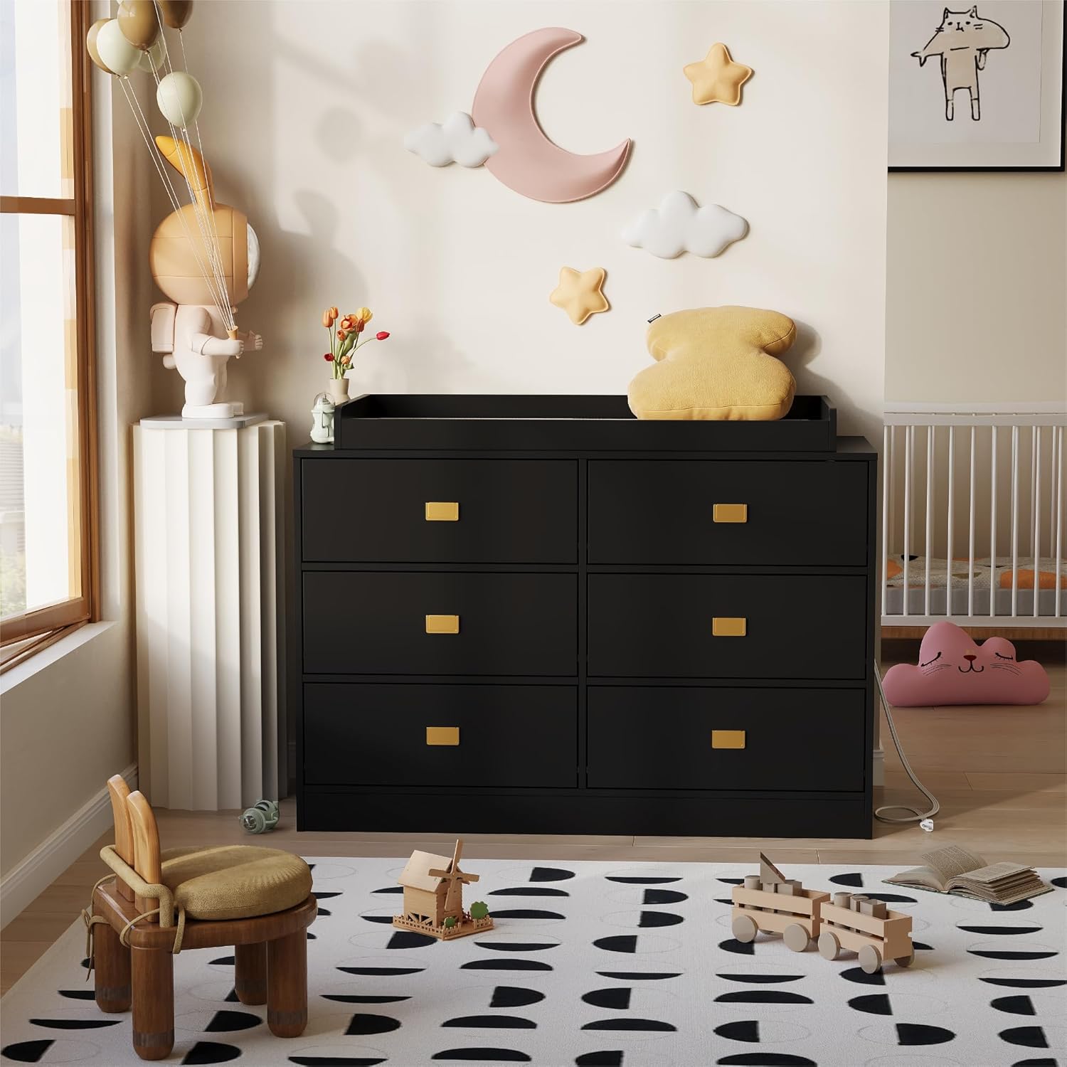 Qeetex GWPHO-12A8B2NM Home Dresser for Bedroom with 6 Drawers Changing Table Dresser with Power Outlets Soft Changing Pad for Nursery Baby Clothes Towels