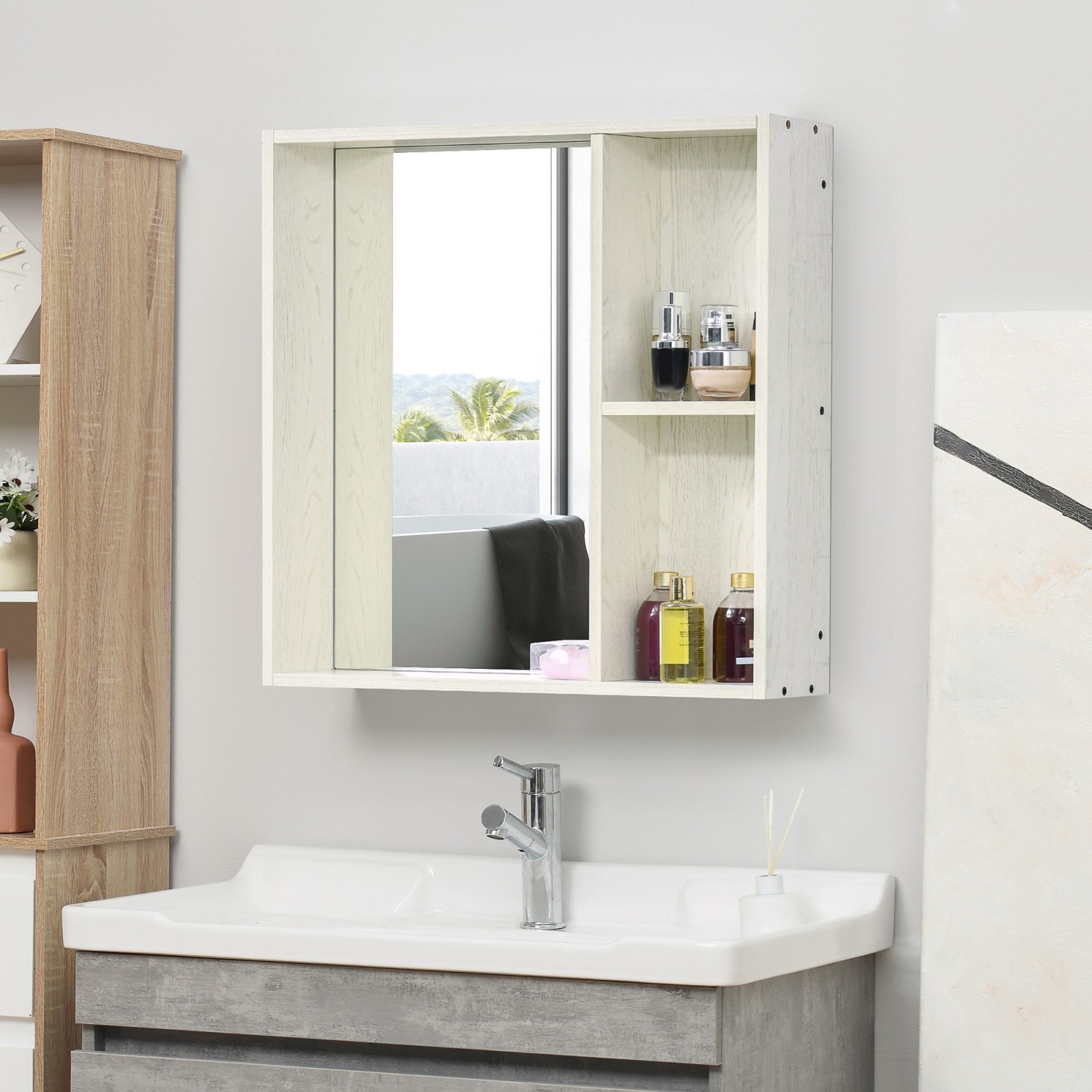 GlasFlength 31.5 Inch Wall Mounted Medicine Cabinet Bathroom Mirror Cabinet with Mirrored Door 2 Tier Storage Shelves Organizer Over Toilet Vanity Cabinet White #LW-BWC-106