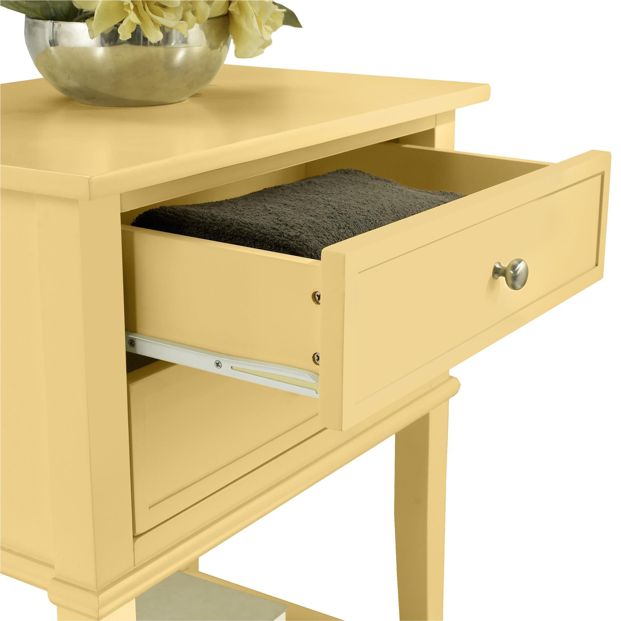 Yellow Wood Accent Table with 2 Drawers and Shelf