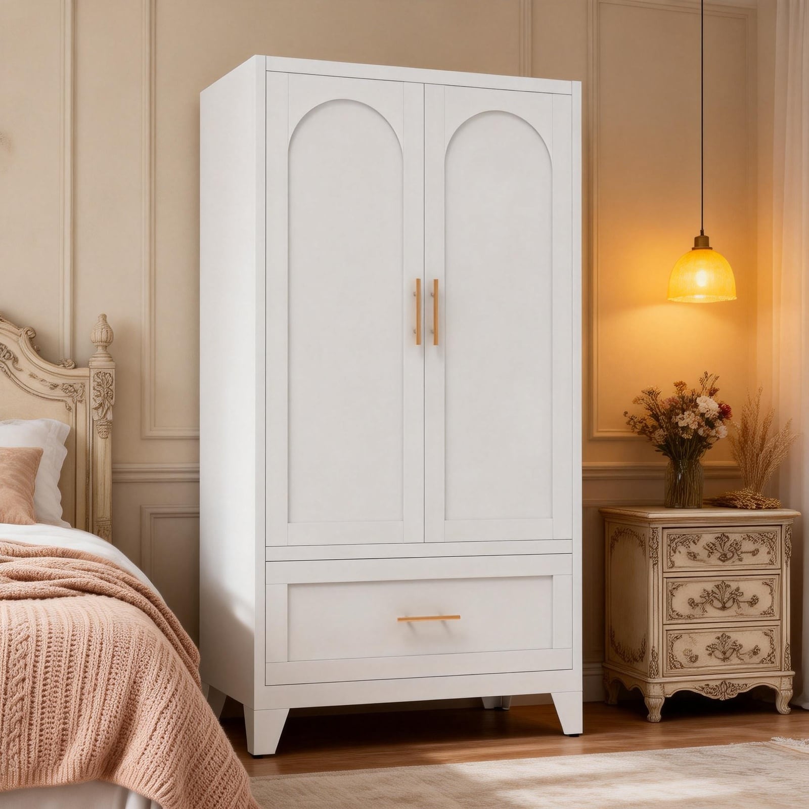 Horizons Prime 60 inch White Steel Wardrobe Cabinet with 1 Drawer and Hanging Rod for Bedroom Office and Laundry Room