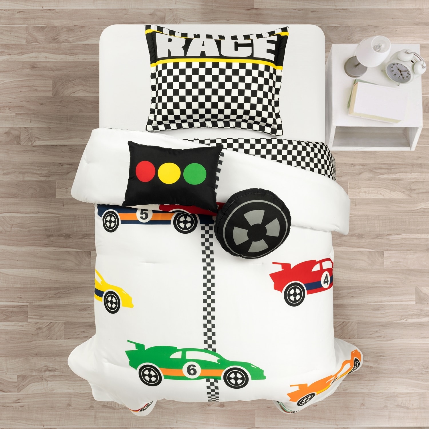 White Microfiber Twin Racing Cars Reversible Comforter Set