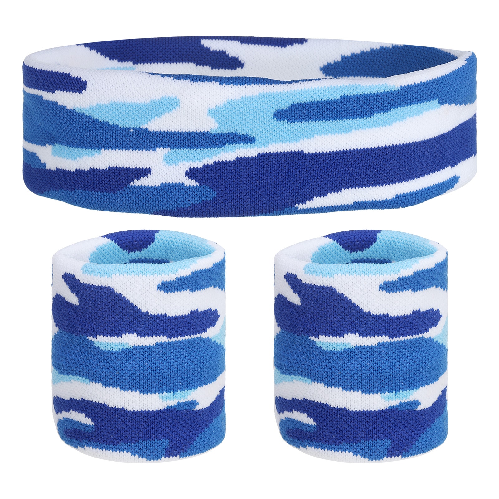 Unique Bargains Sweat Band Set Sports Terry Cloth Headband Wristband Set 8inchx2inch Moisture Wicking Sweat Absorbing Head Band for Women Men Workout Exercise (Striped Camouflage Blue)