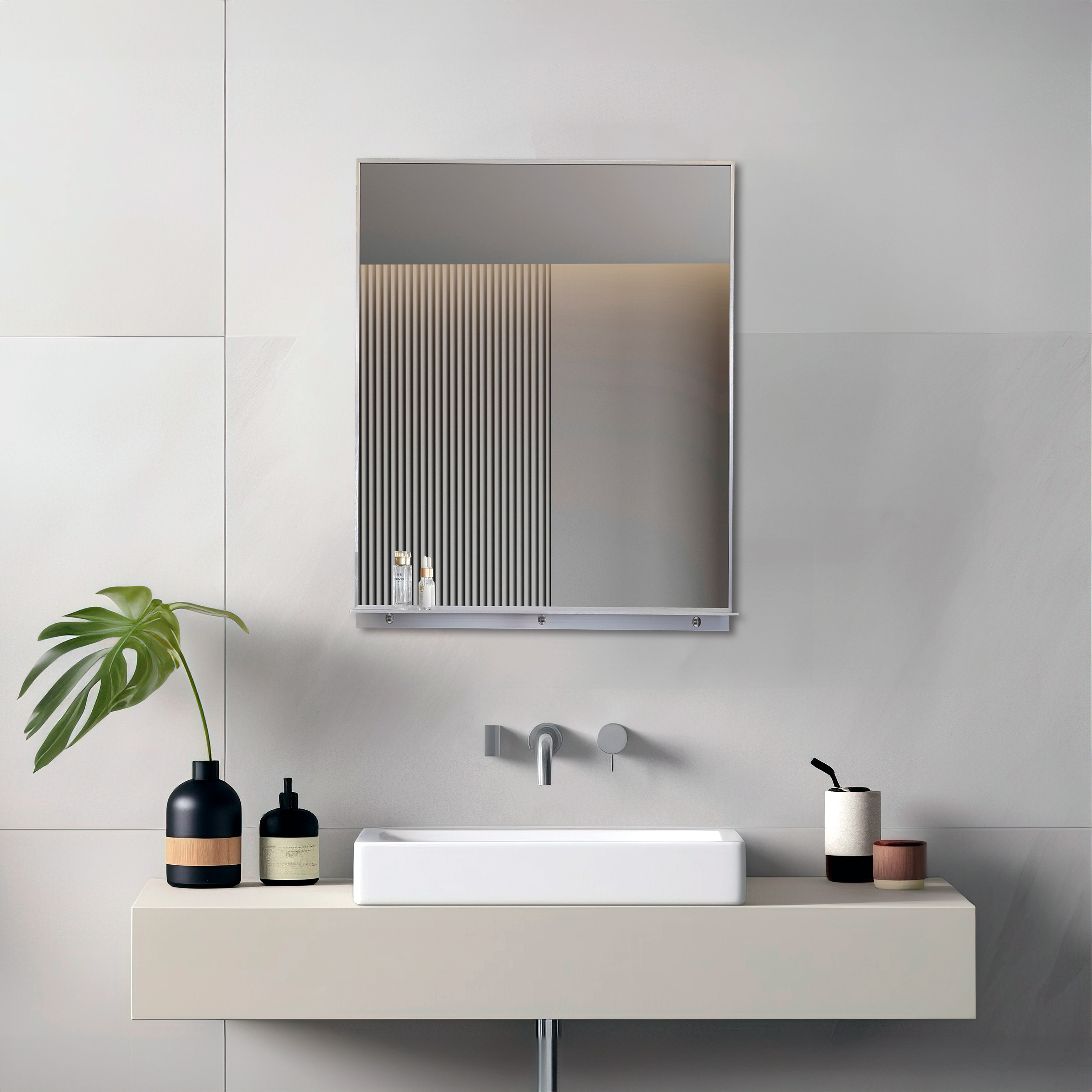 Lexi 24" x 32" Silver Aluminum Rectangular Mirror with Shelf