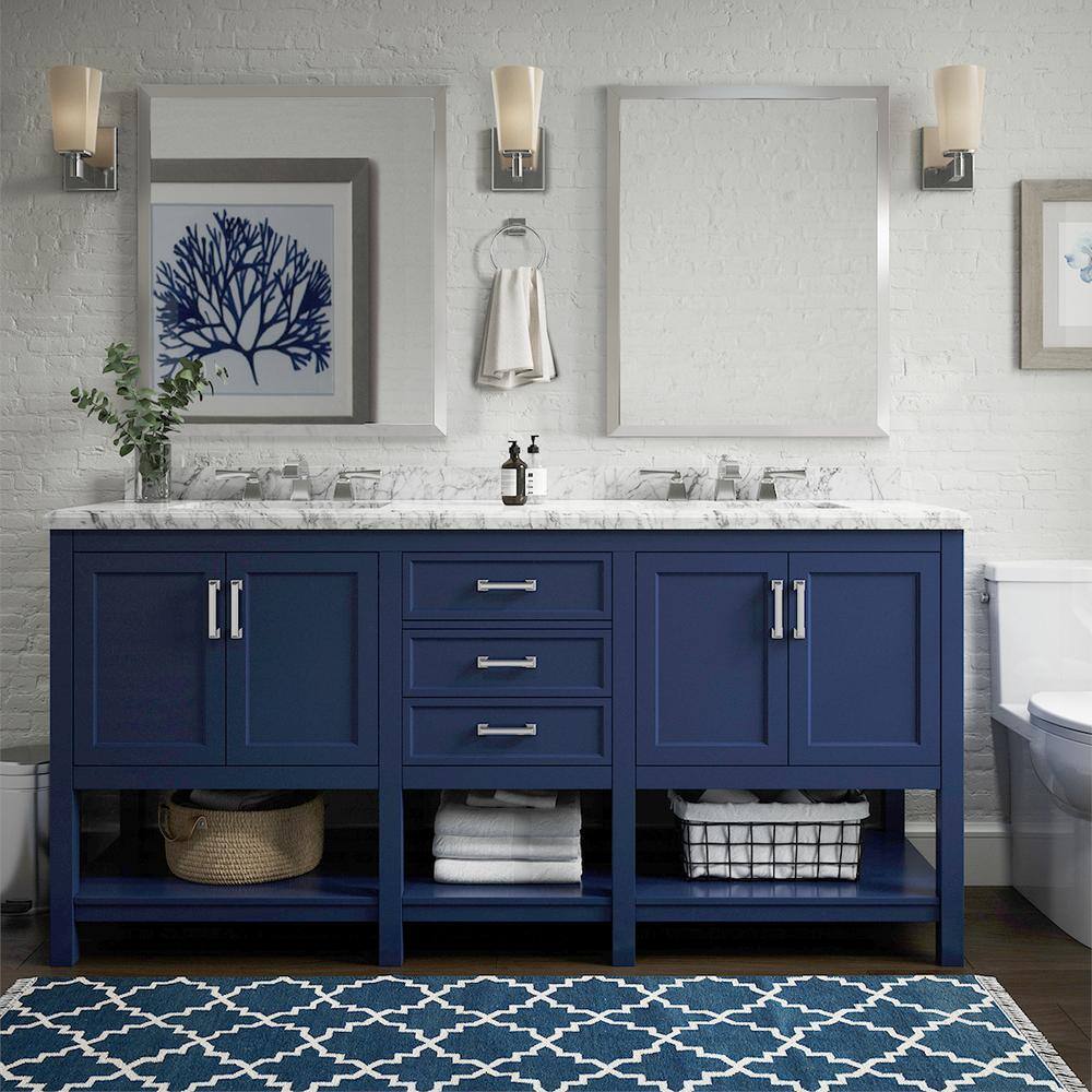 Design Element AF-72-BLU Affinity 72-in Blue Undermount Double Sink Bathroom Vanity with White W/ Gray Veins Marble Top
