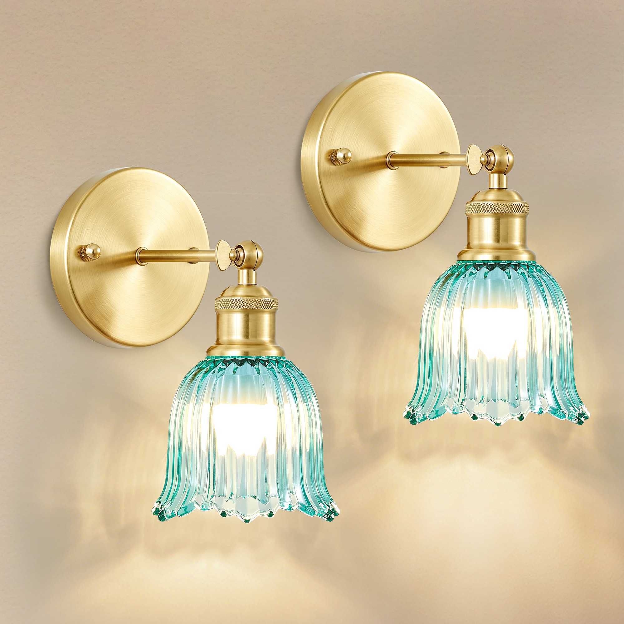 DAKAFUL - 2 -Pack Vintage Battery Operated Wall Sconce with Blue Tulip Glass Lampshade USB Rechar...