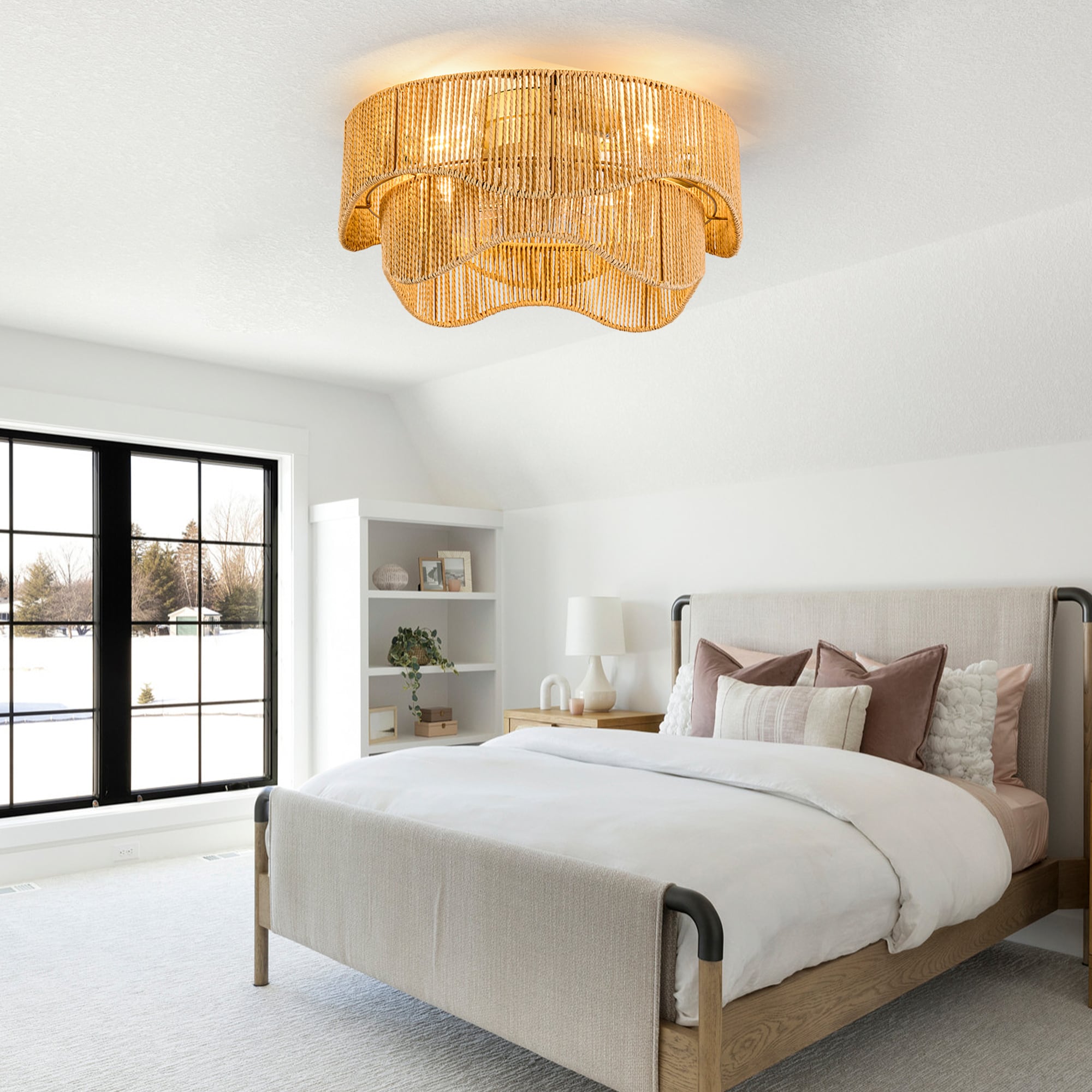 YOTOO - 19.7 Inch Wave Double Layer Paper Rope Flush Mount Ceiling Fan with Light 4 E26 Sockets N...