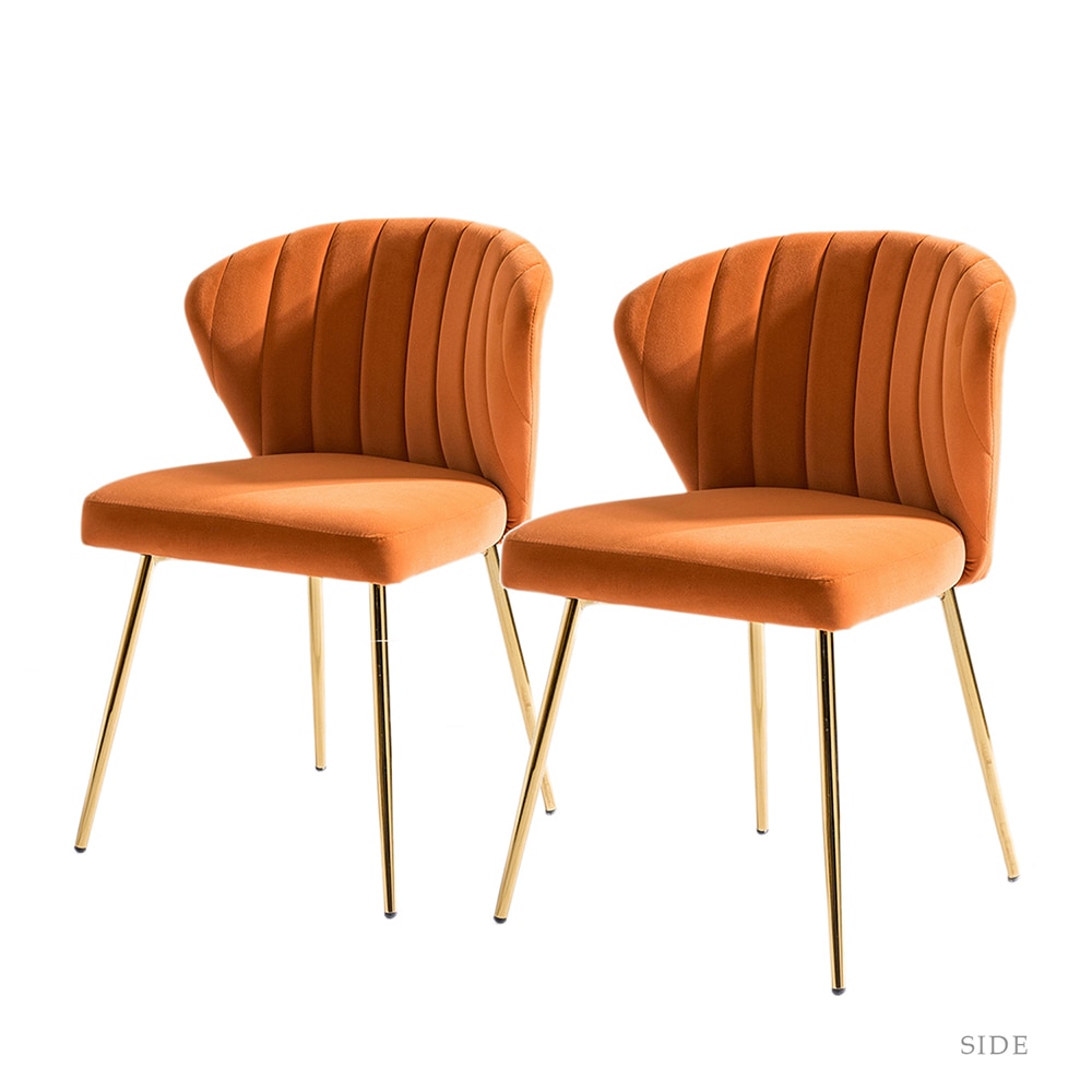Velvet Upholstered Low Back Side Chair in Orange with Brass Legs, Set of 2