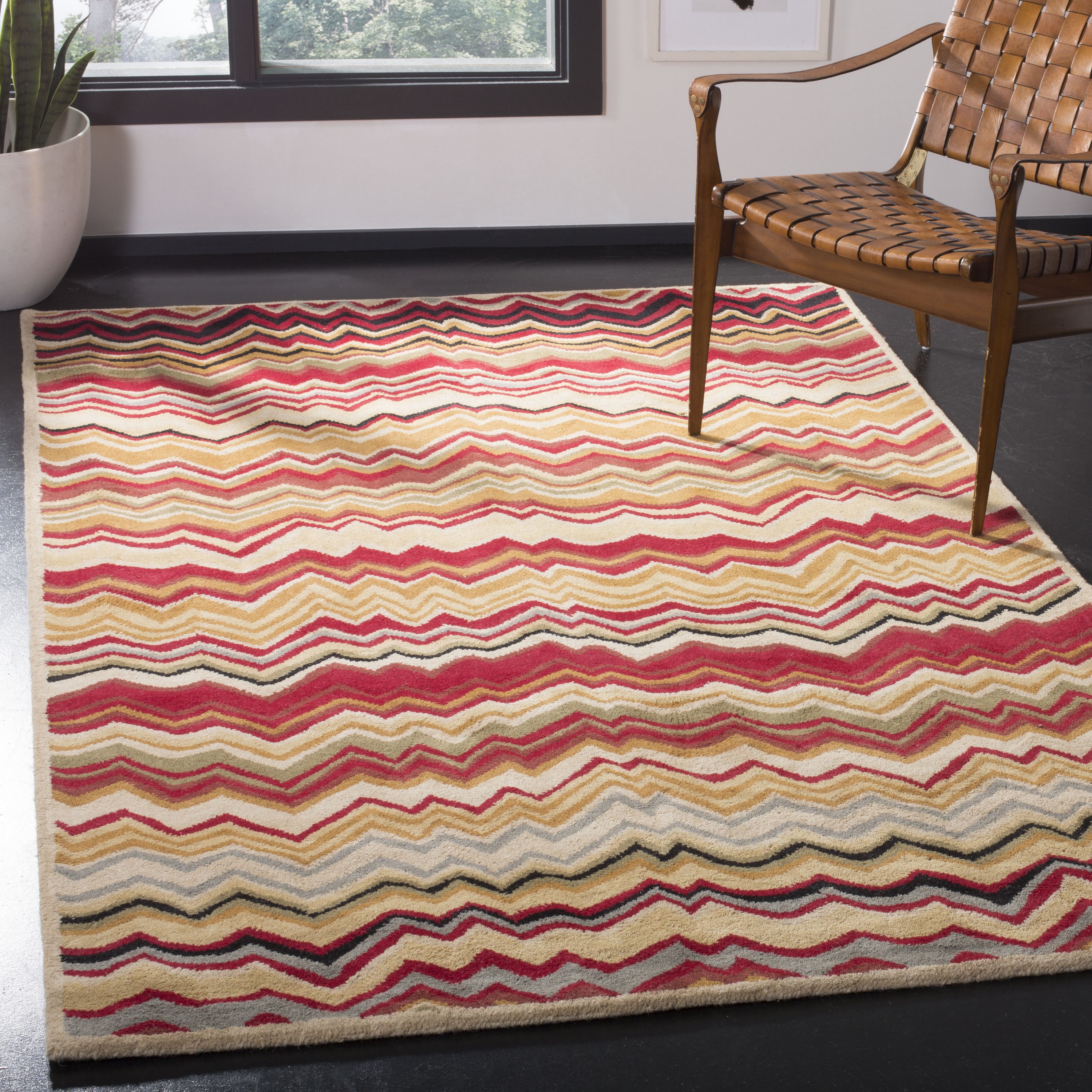 Safavieh WYD317B-24 Wyndham Dunham 3 x 4 (ft) Tufted Wool Red/Multi Rectangular Indoor Chevron Industrial Throw rug