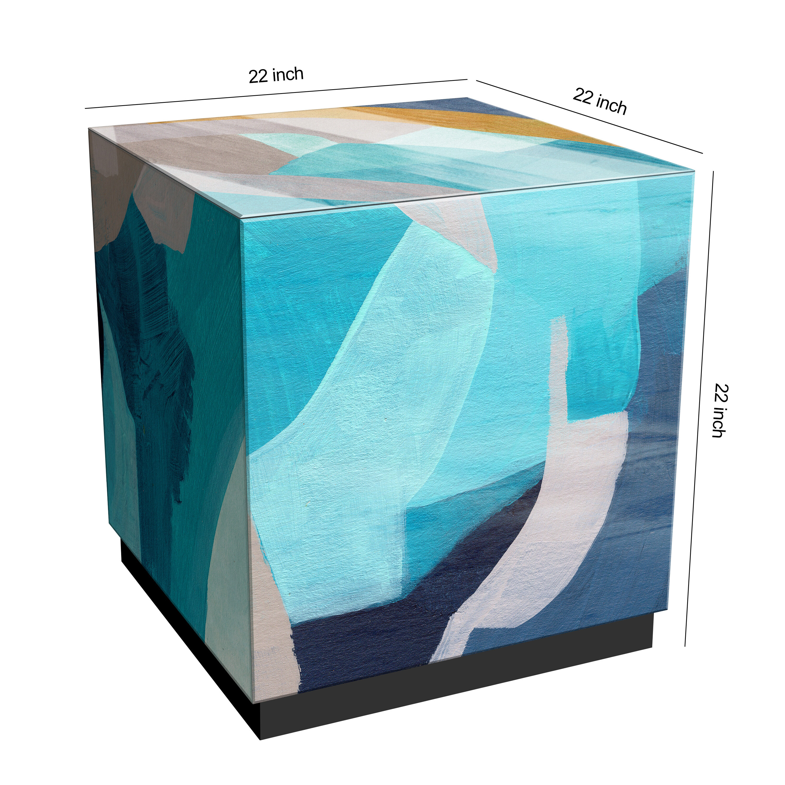 Slate and Cerulean Blue Art Glass Square Side Table with Black Plinth