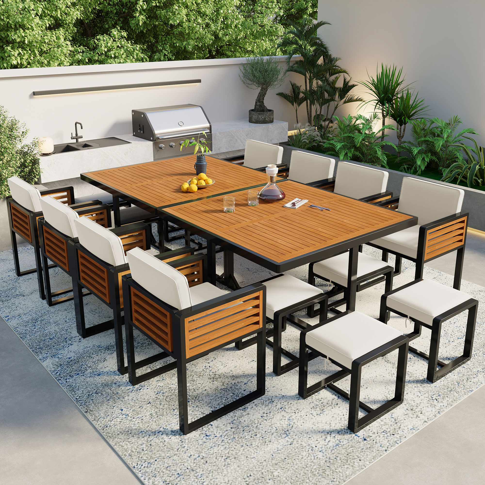 Direct Wicker 18 -Piece black Patio Dining Set Wood Rectangle Table with 8 Beige Cushions Stationary and Motion Chairs