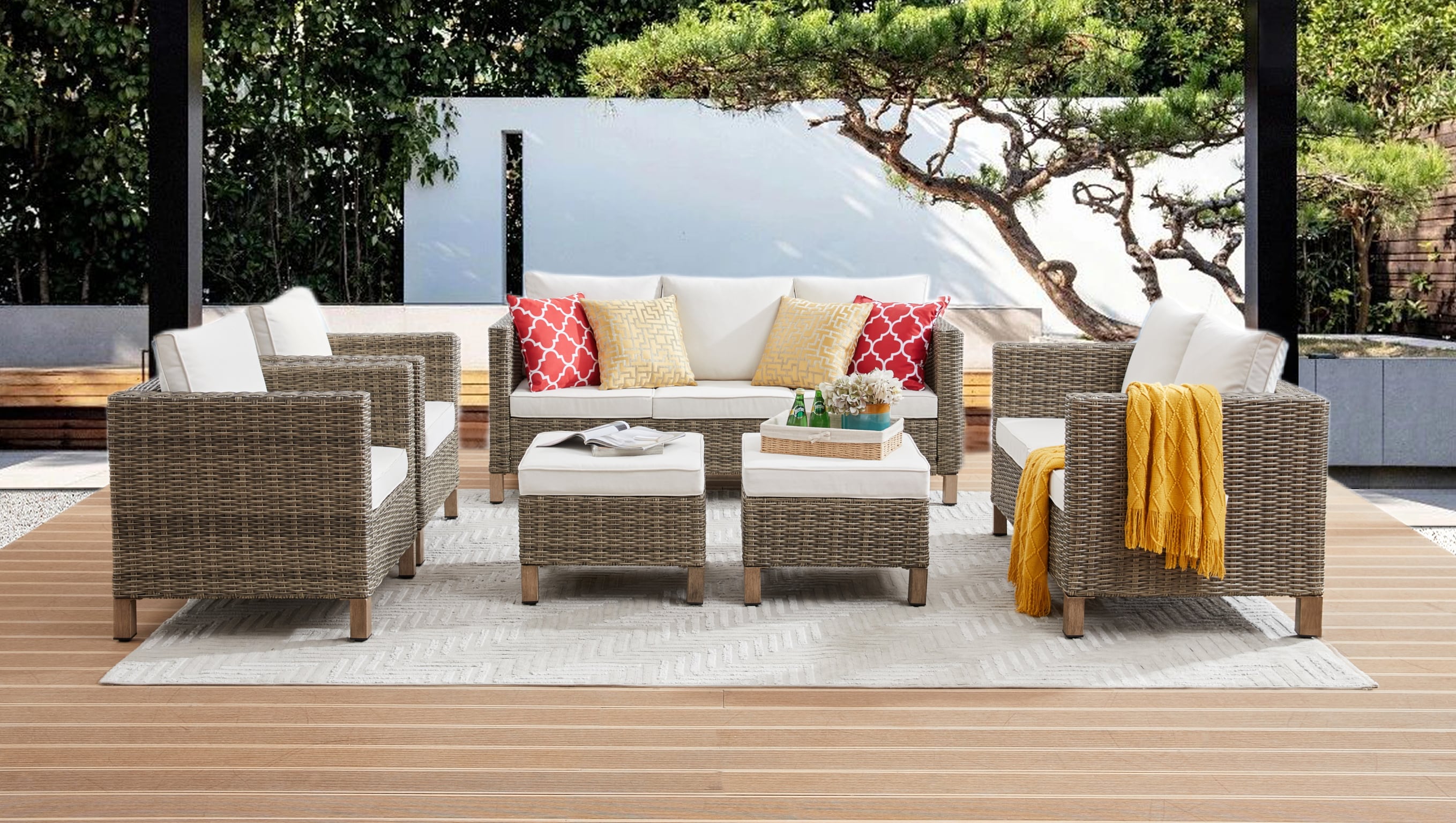 EDYO LIVING SMX03-BG 6 -Piece Wicker Patio Sofa Conversation Set with Off-white Cushions