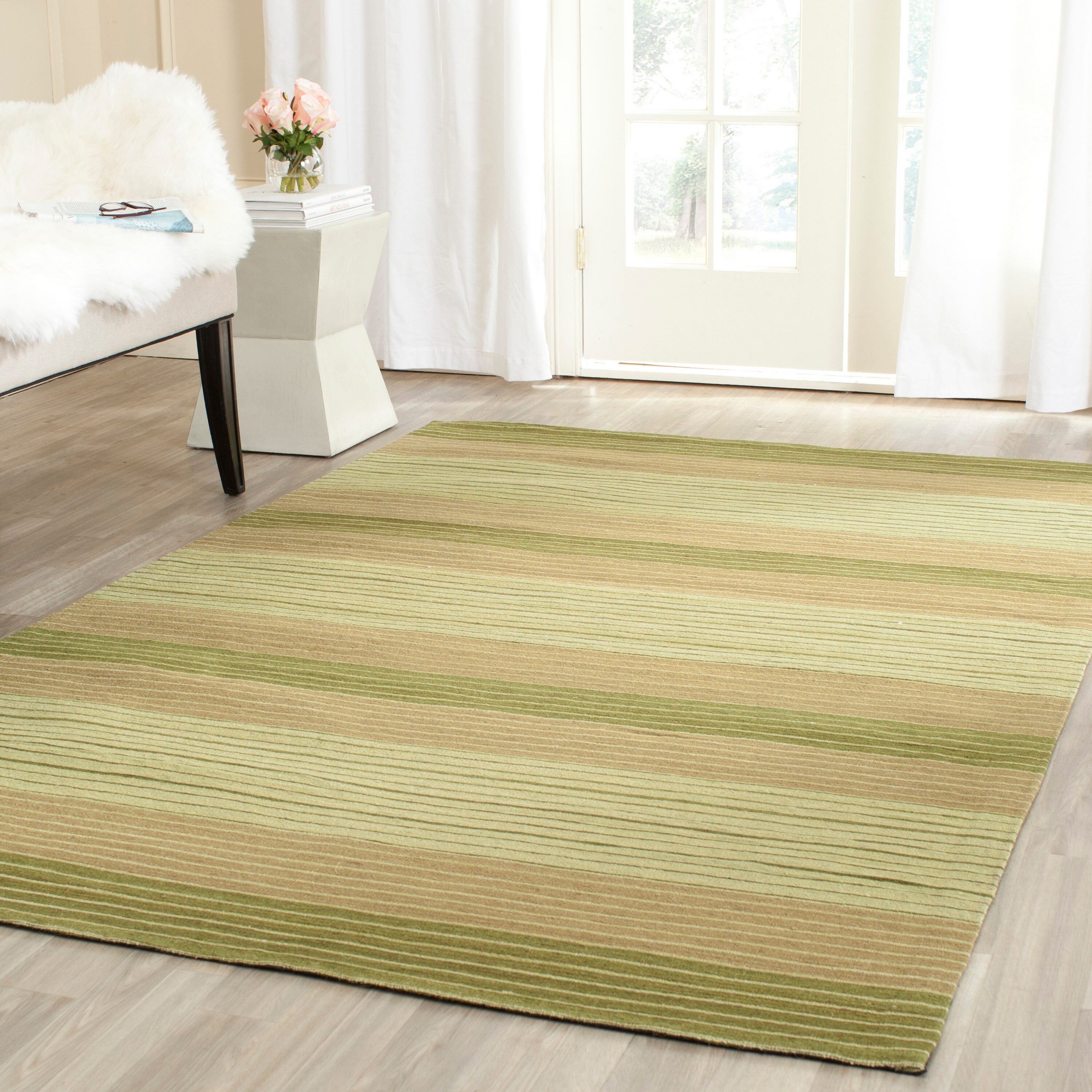 Green Flat Woven Wool 4' x 6' Handmade Reversible Rug
