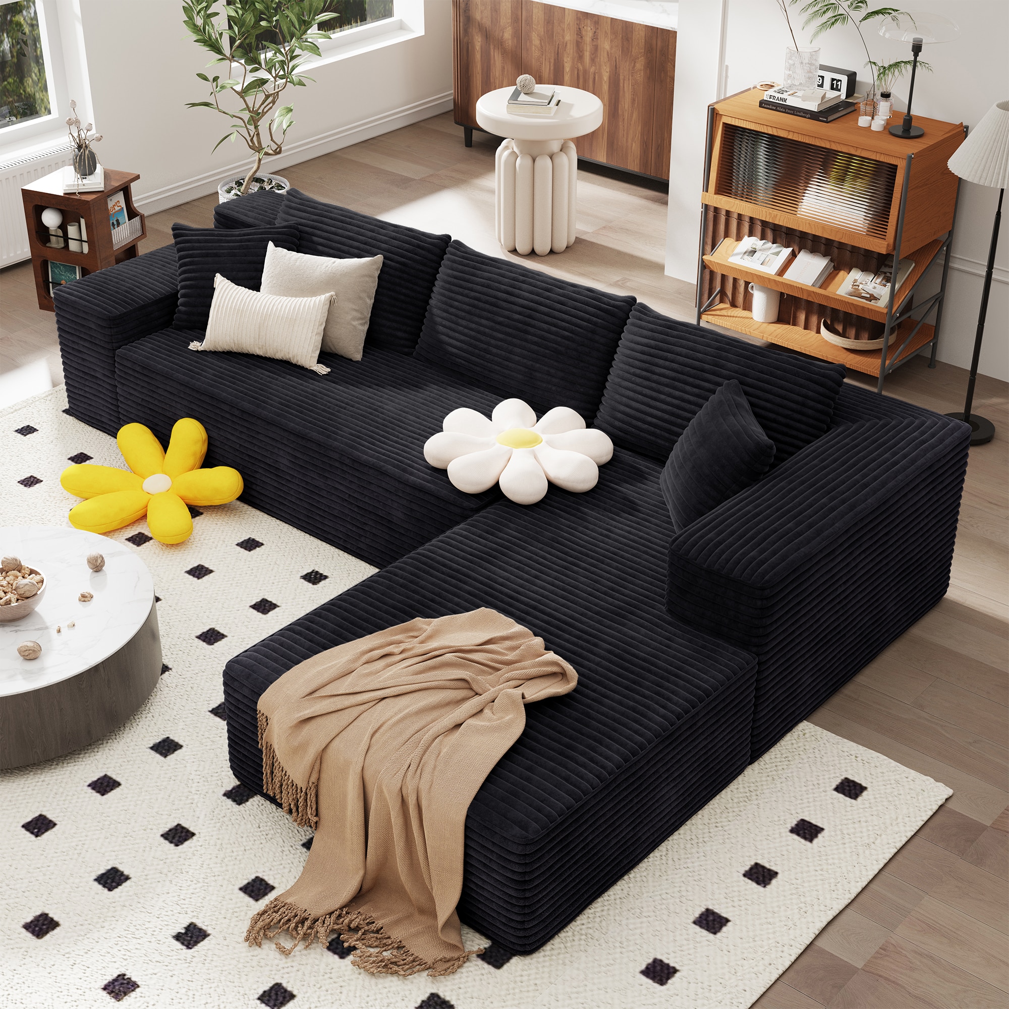 Pouuin SVI43R 104.3-in Modern Black Plush Corduroy 3 -seater Sectional