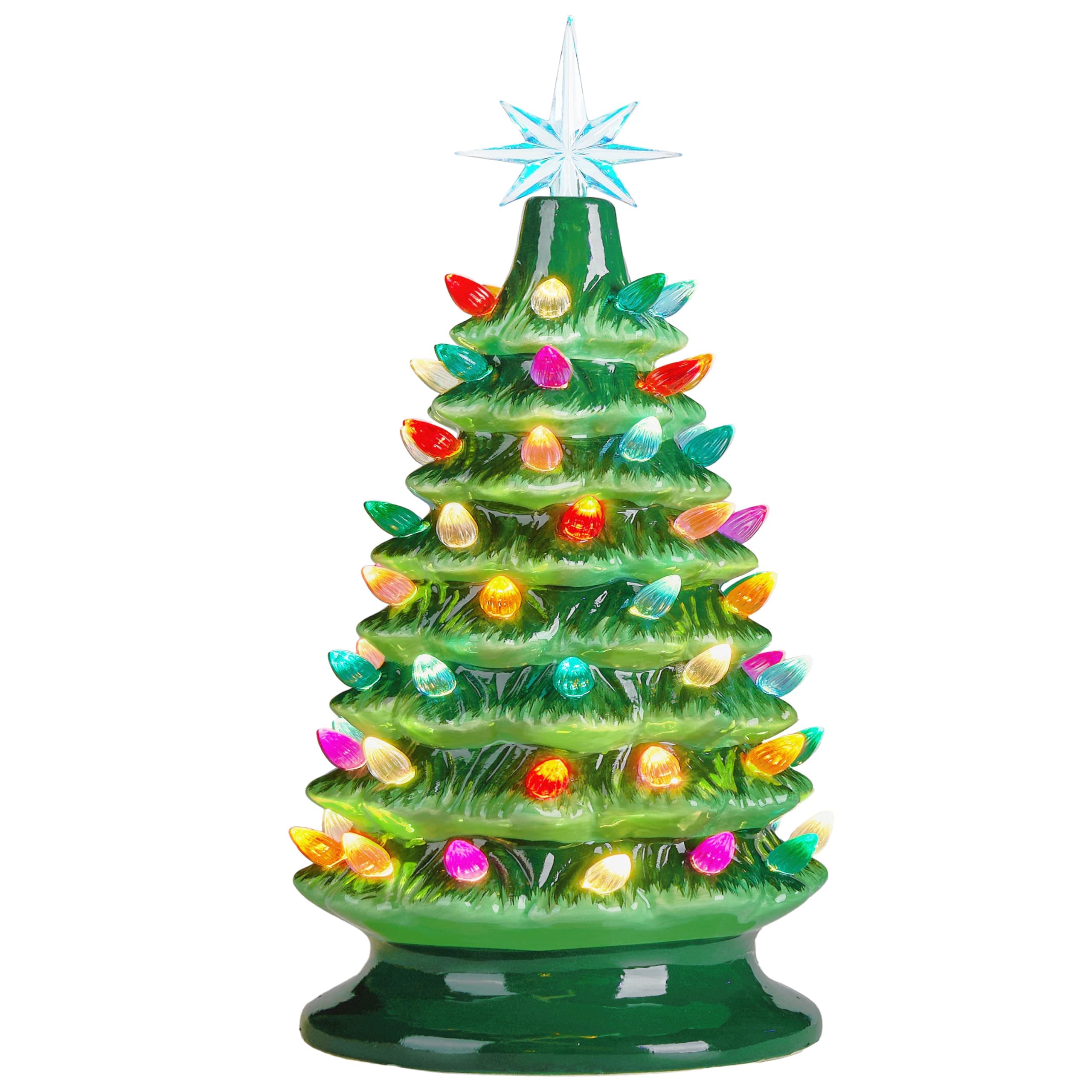 Joyfy 15 Ceramic Christmas Tree Table Top Christmas Tree with Star Topper Vintage Pre-lit Xmas Decor with Multicolored LED Lights Hand-Painted Xmas Decorations Indoor Home Office