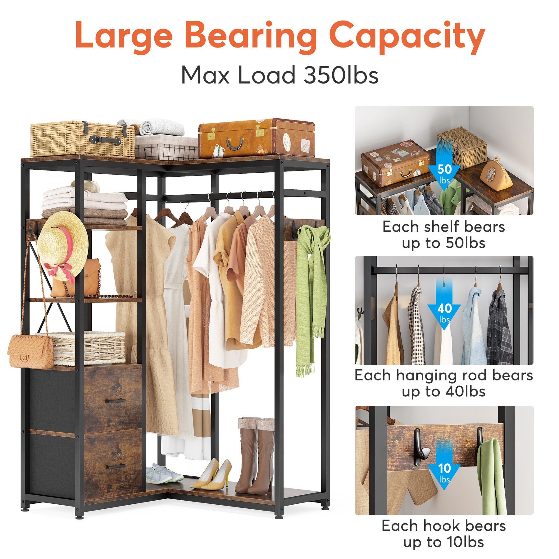 Freestanding Closet Organizer, Large Clothes Rack with Hooks & Shelves